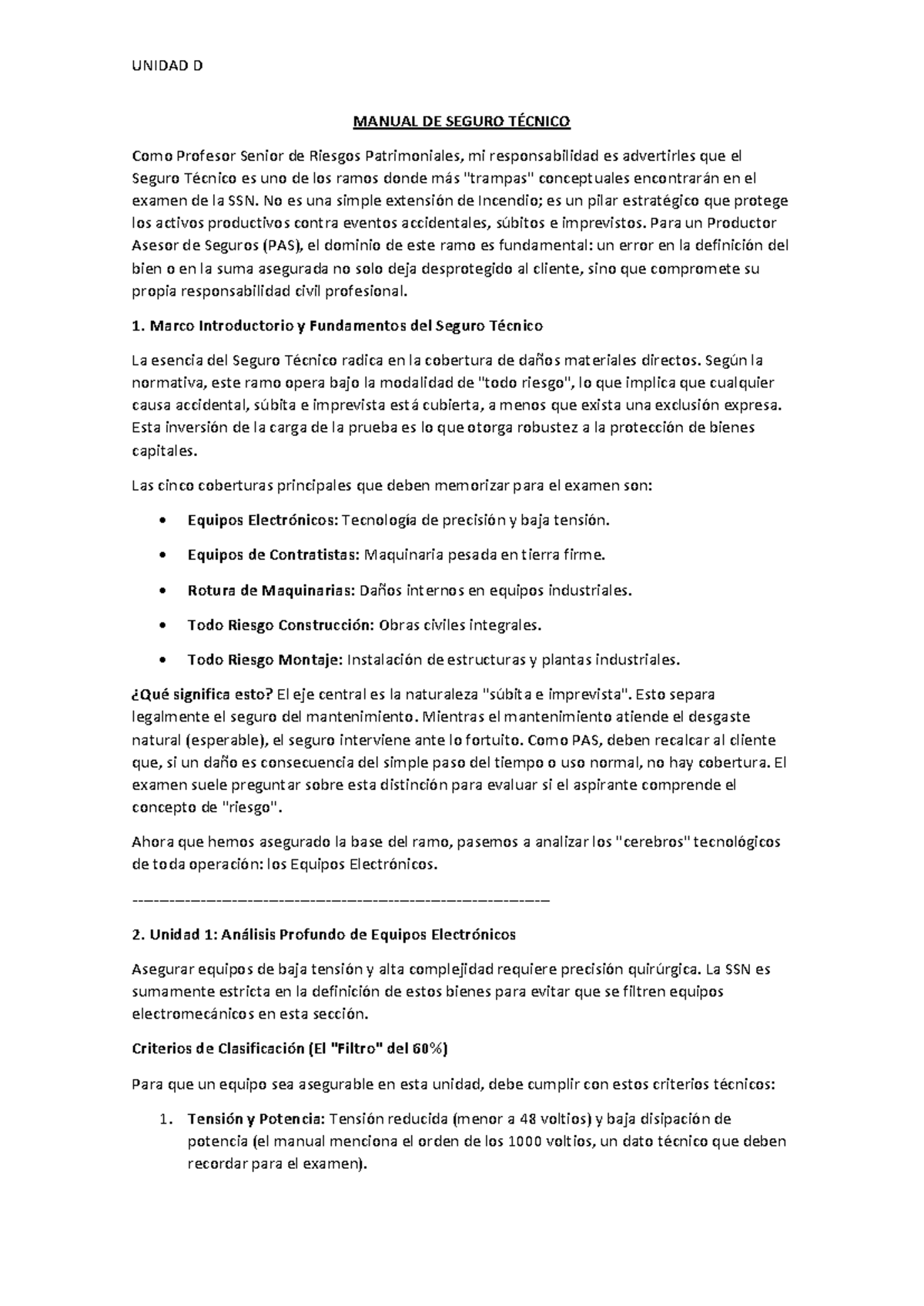 Unidad D - Resumen del Manual de Seguro Técnico y Riesgos Integrales ...