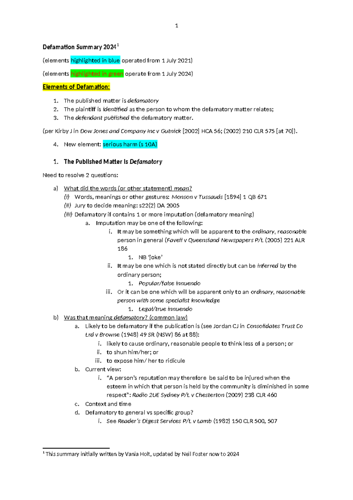 Defamation Summary 20241: Key Elements and Legal Considerations - Studocu