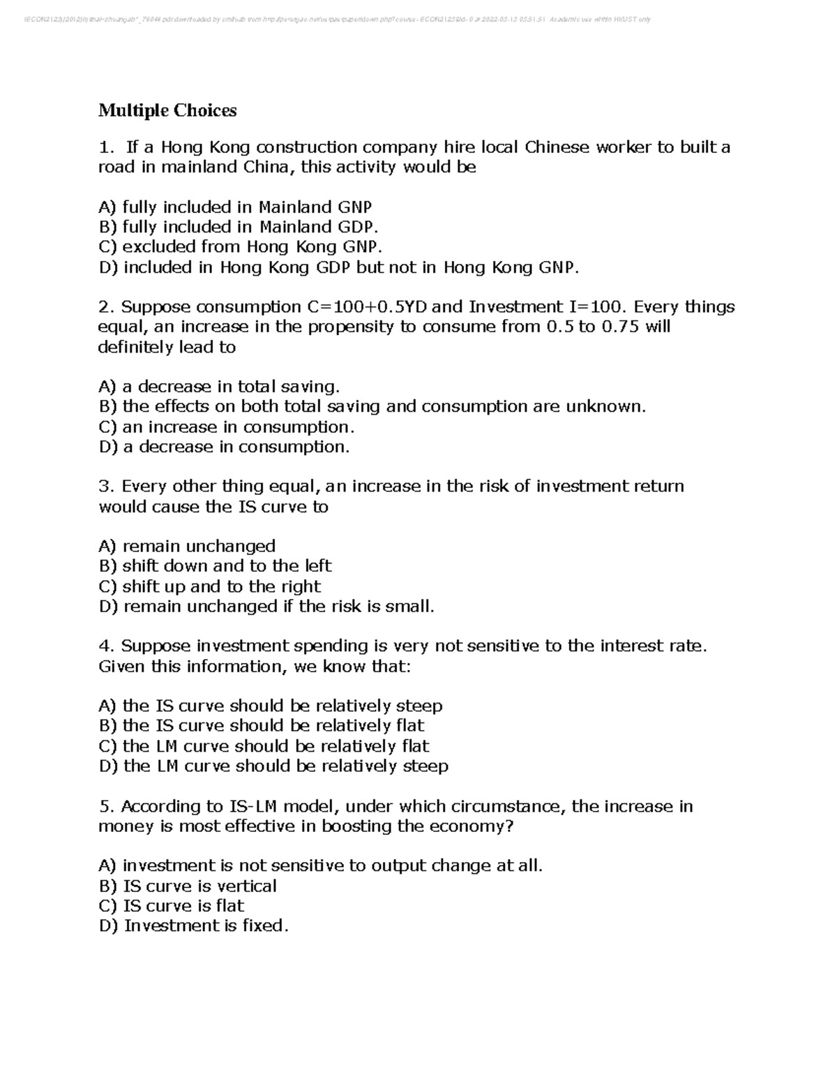 (ECON2123) Final Exam: Multiple Choice & Short Answer Questions - Studocu