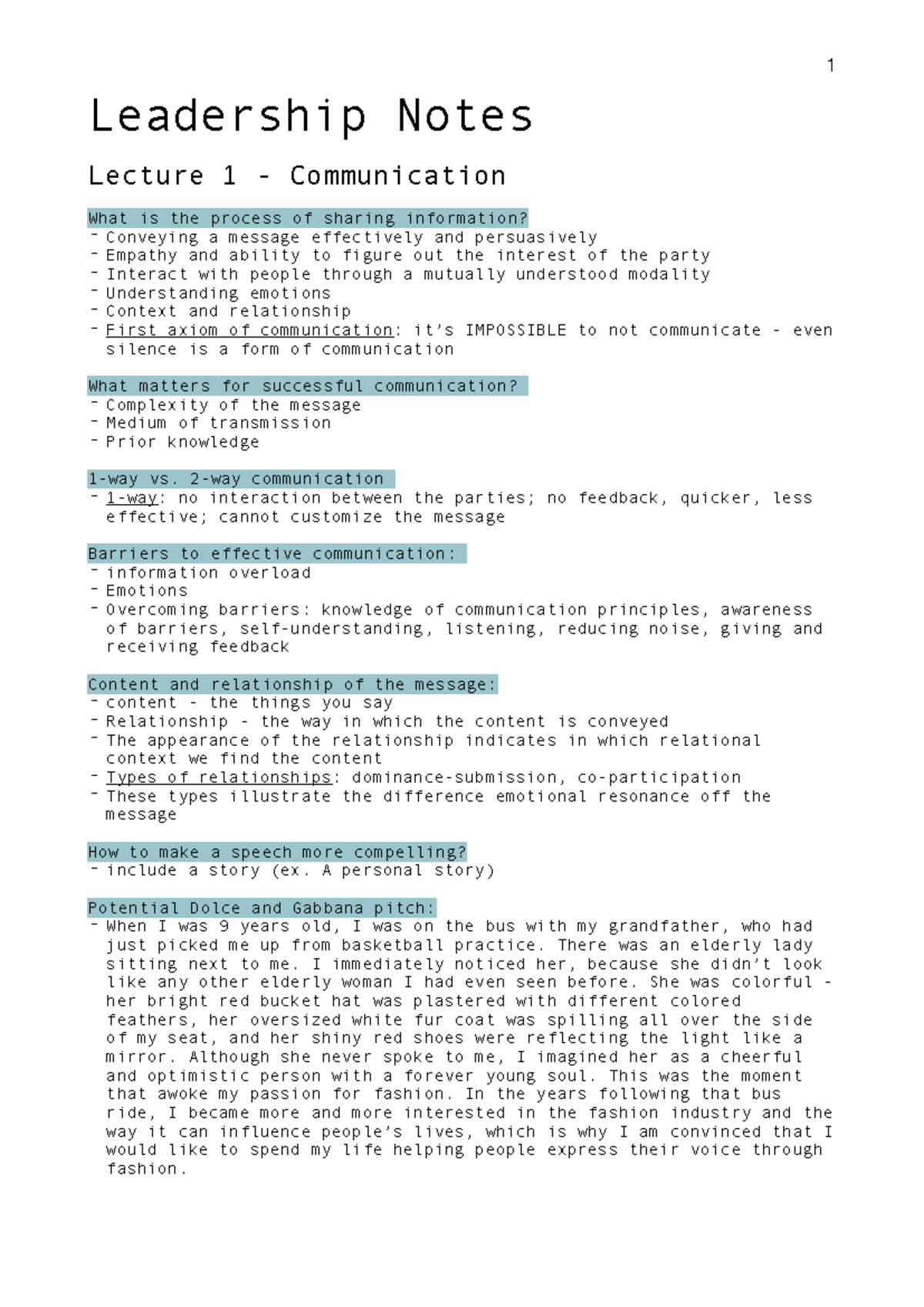 Leadership Seminar Notes - 1 Leadership Notes Lecture 1 - Communication ...