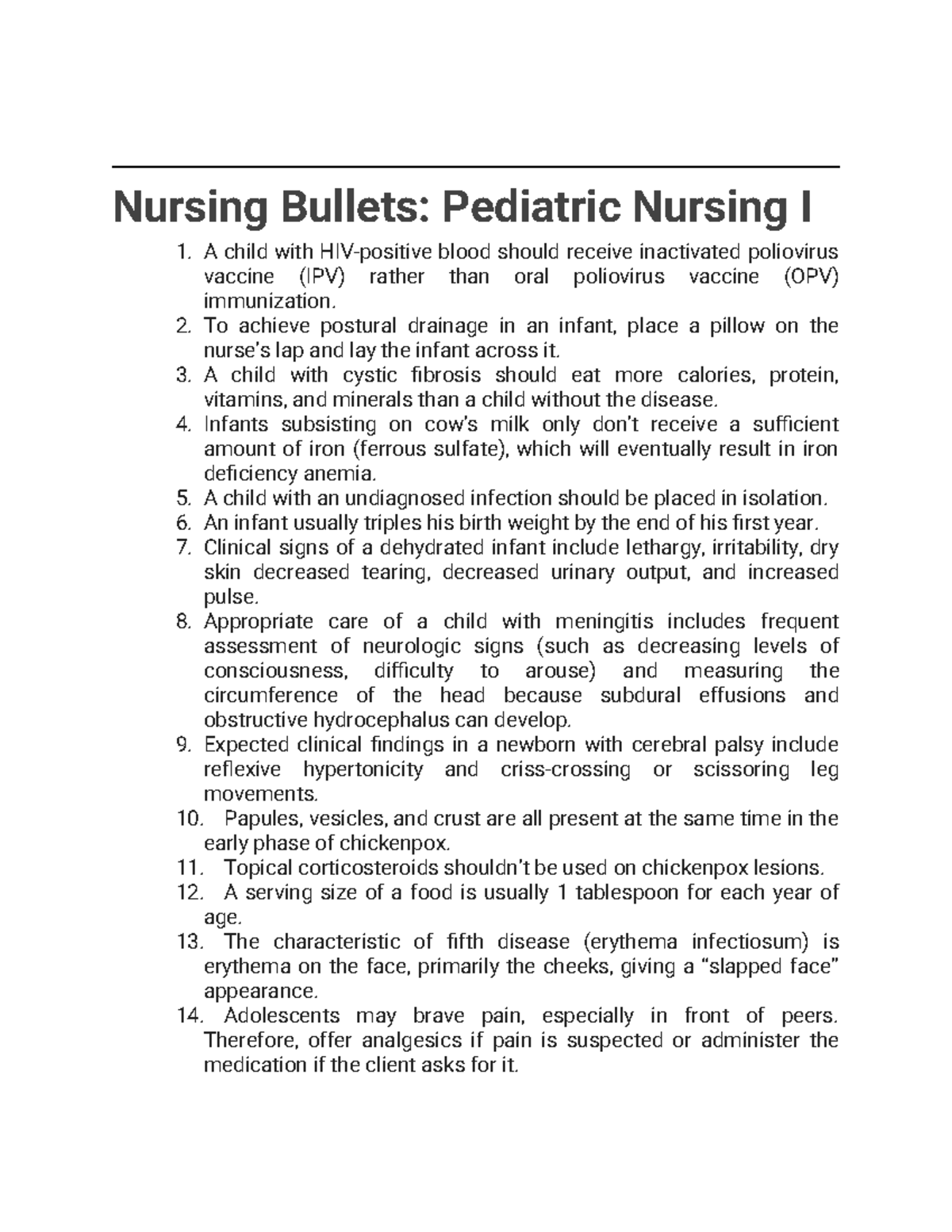 Pediatric Nursing 1 Bullets - Nursing Bullets: Pediatric Nursing I A ...