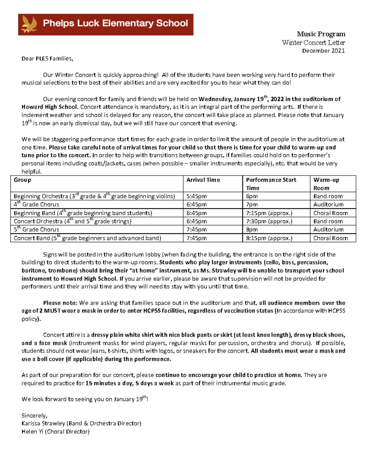Winter Concert Letter for PLES Families - Jan 19, 2022 - Studocu