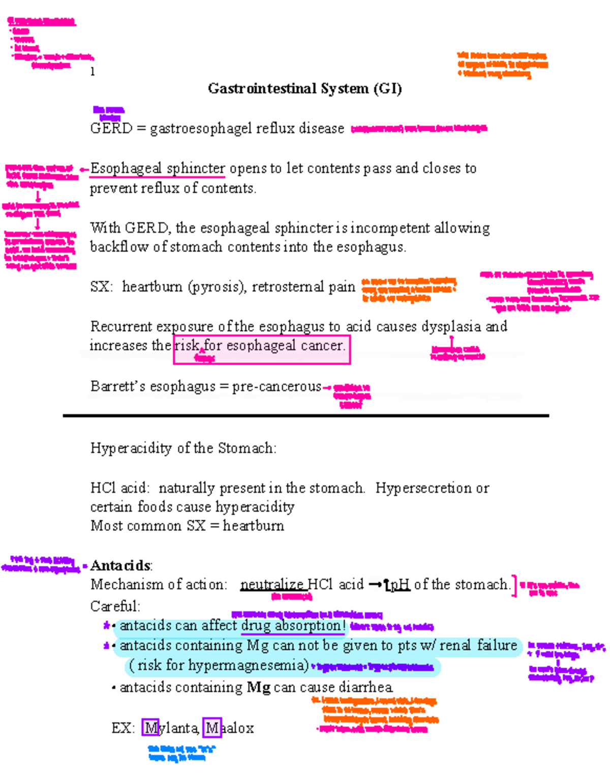 Unit 8 GI System - Lecture notes. - 1 Gastrointestinal System (GI) GERD ...