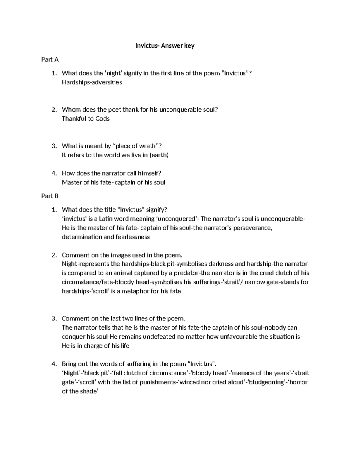 Invictus (ENG101) - Answer Key and Analysis Guide - Studocu