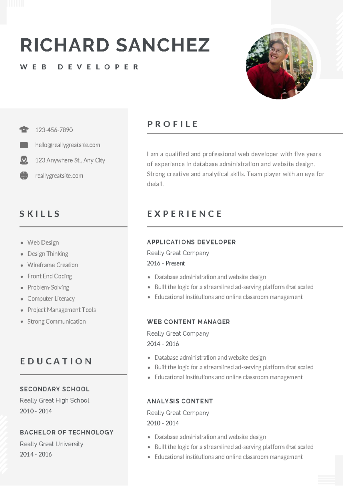 Web Developer Profile - Richard Sanchez - Skills & Experience Overview ...