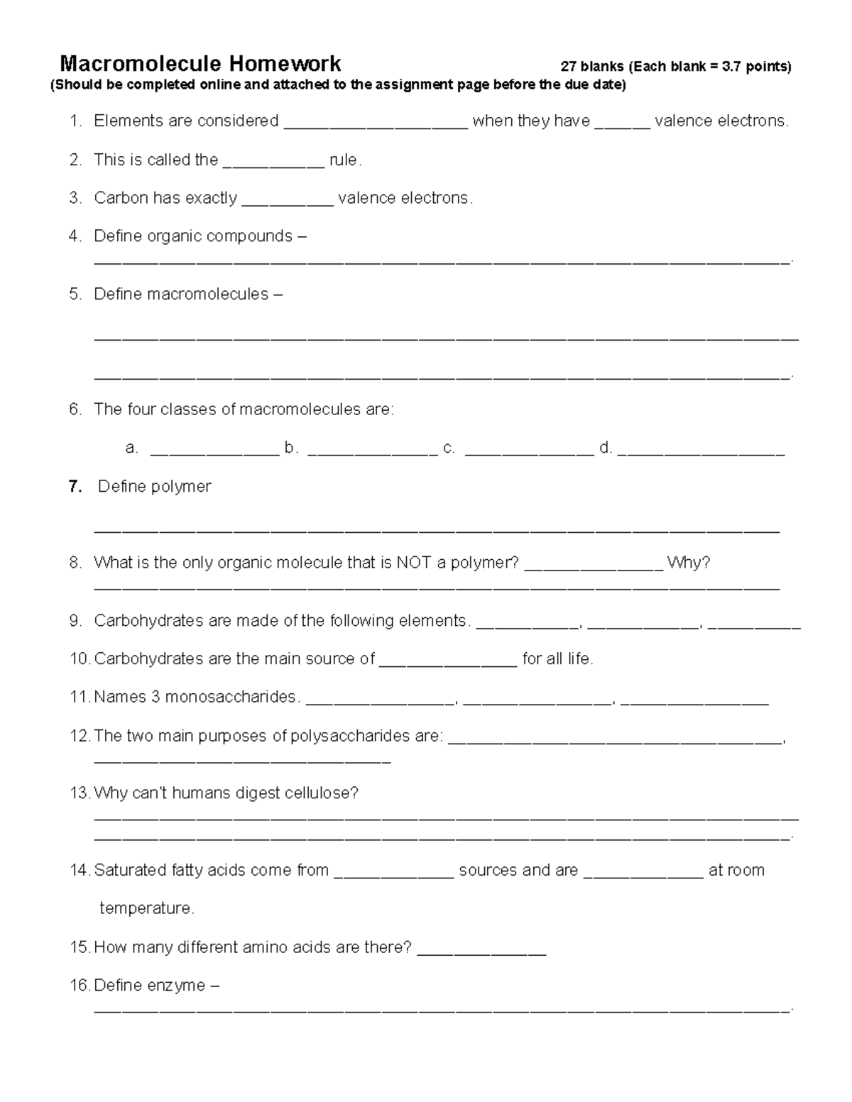 Macromolecule Homework Assignment (27 Blanks) - Studocu