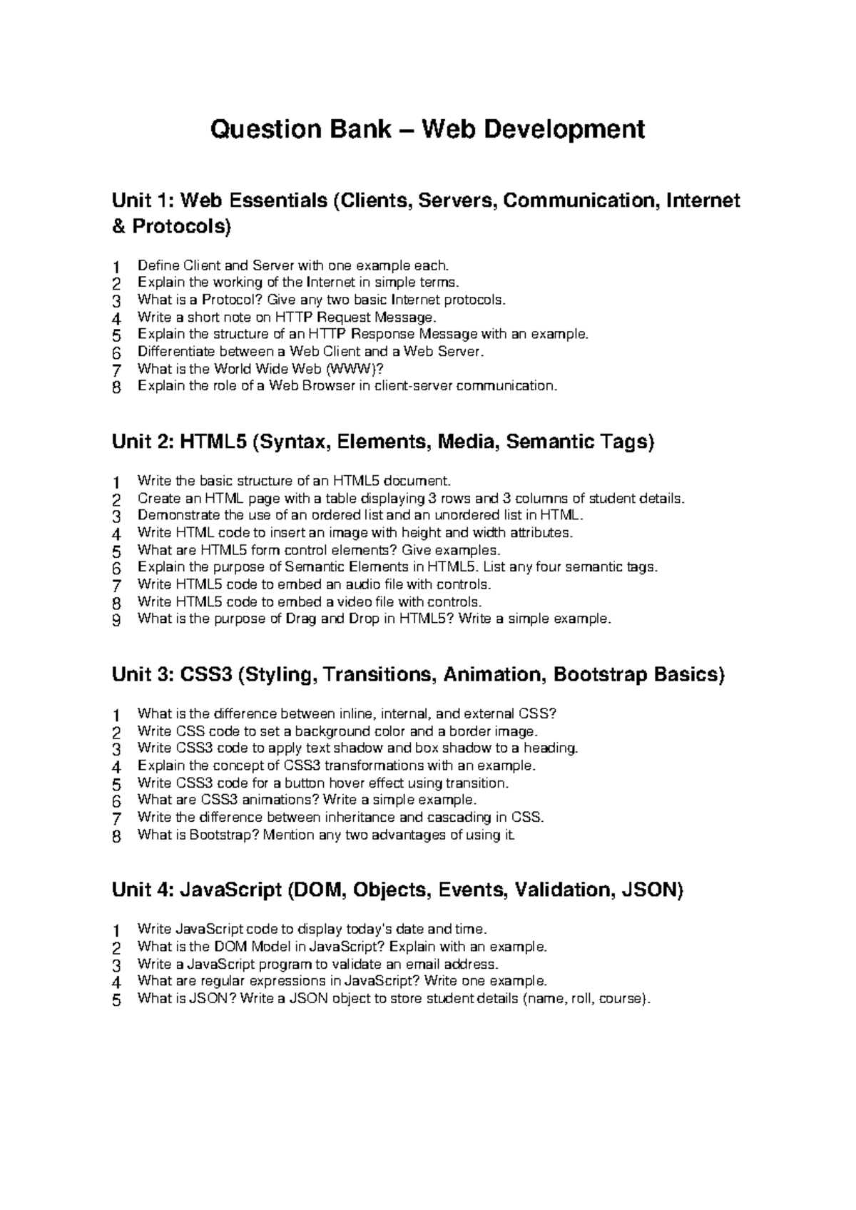 Web Development Question Bank: Units 1-4 Overview and Key Concepts ...