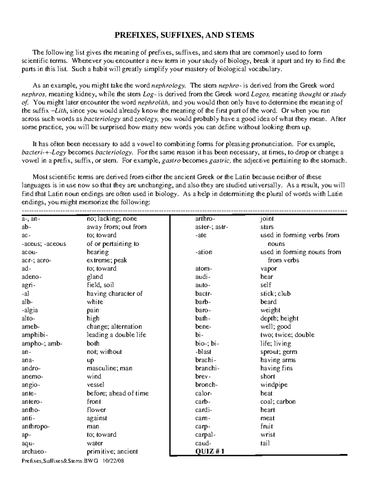Biology Prefixes, Suffixes, & Stems Study Guide for Quiz #1-7 - Studocu
