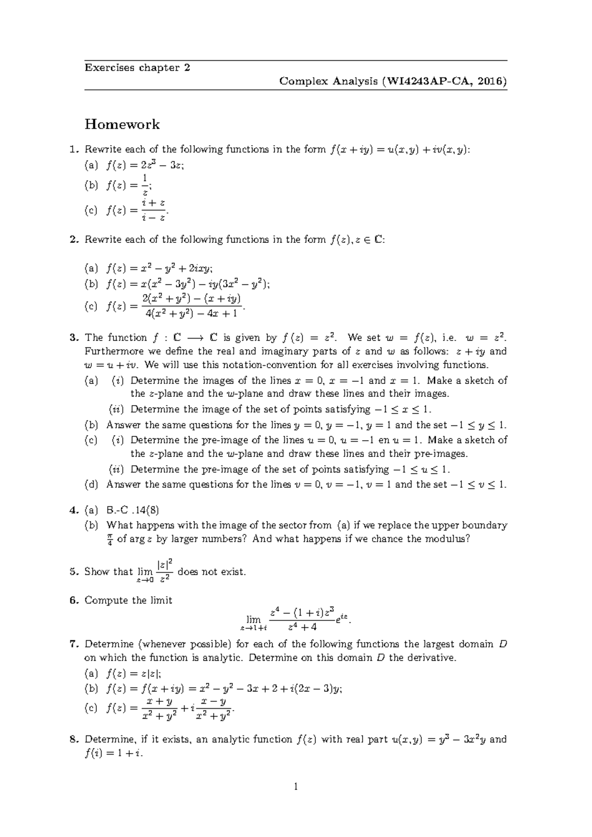 Exercises & Solutions for Chapter 2: Complex Variables (WI4243AP-CA ...