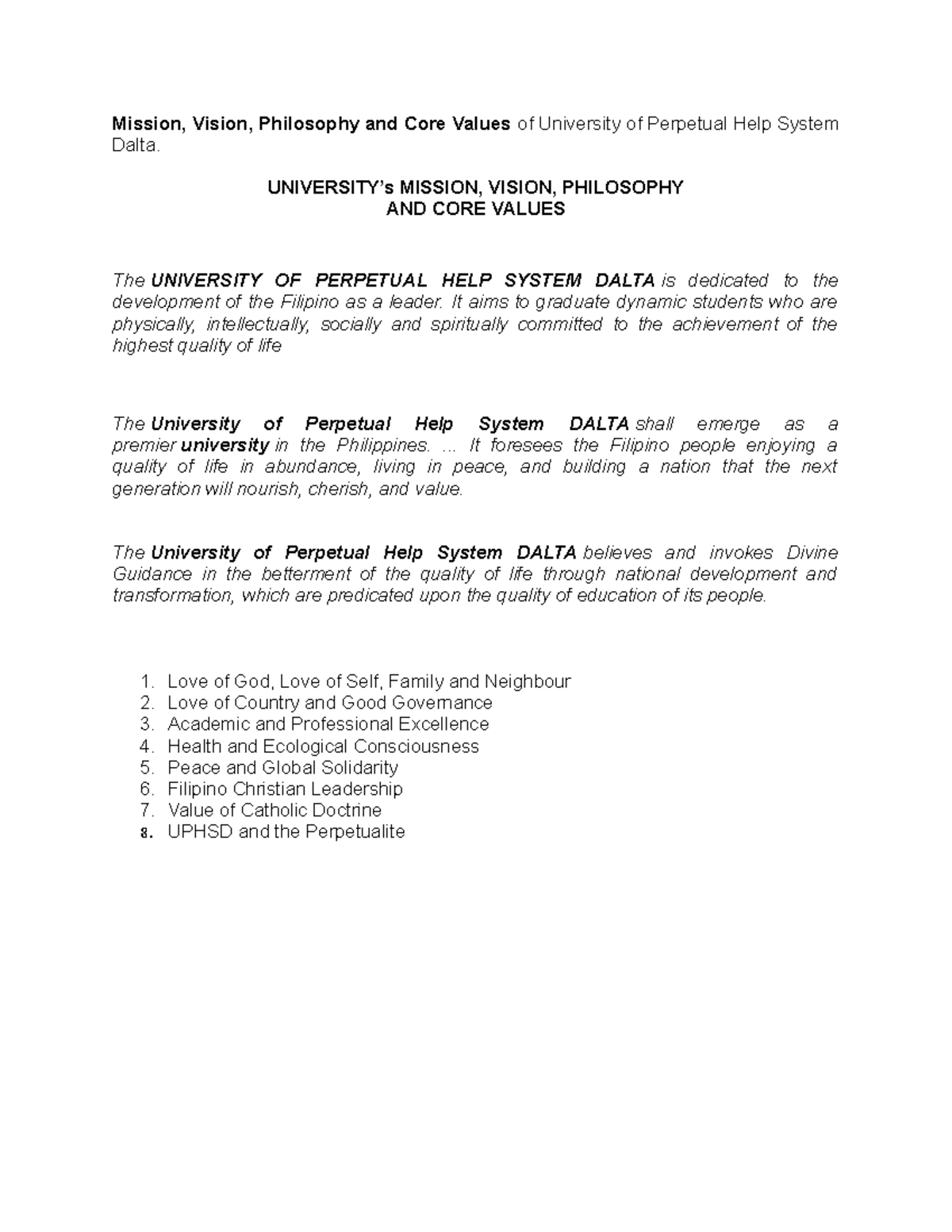 Mission And Vision Notes For IBR University Of Perpetual Help Studocu
