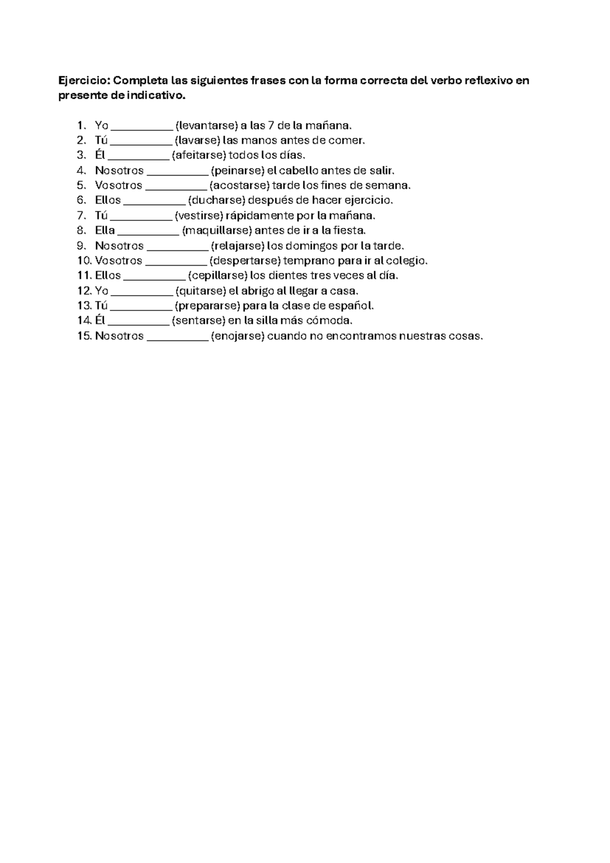 Actividades Verbos Reflexivos Regulares En Presente