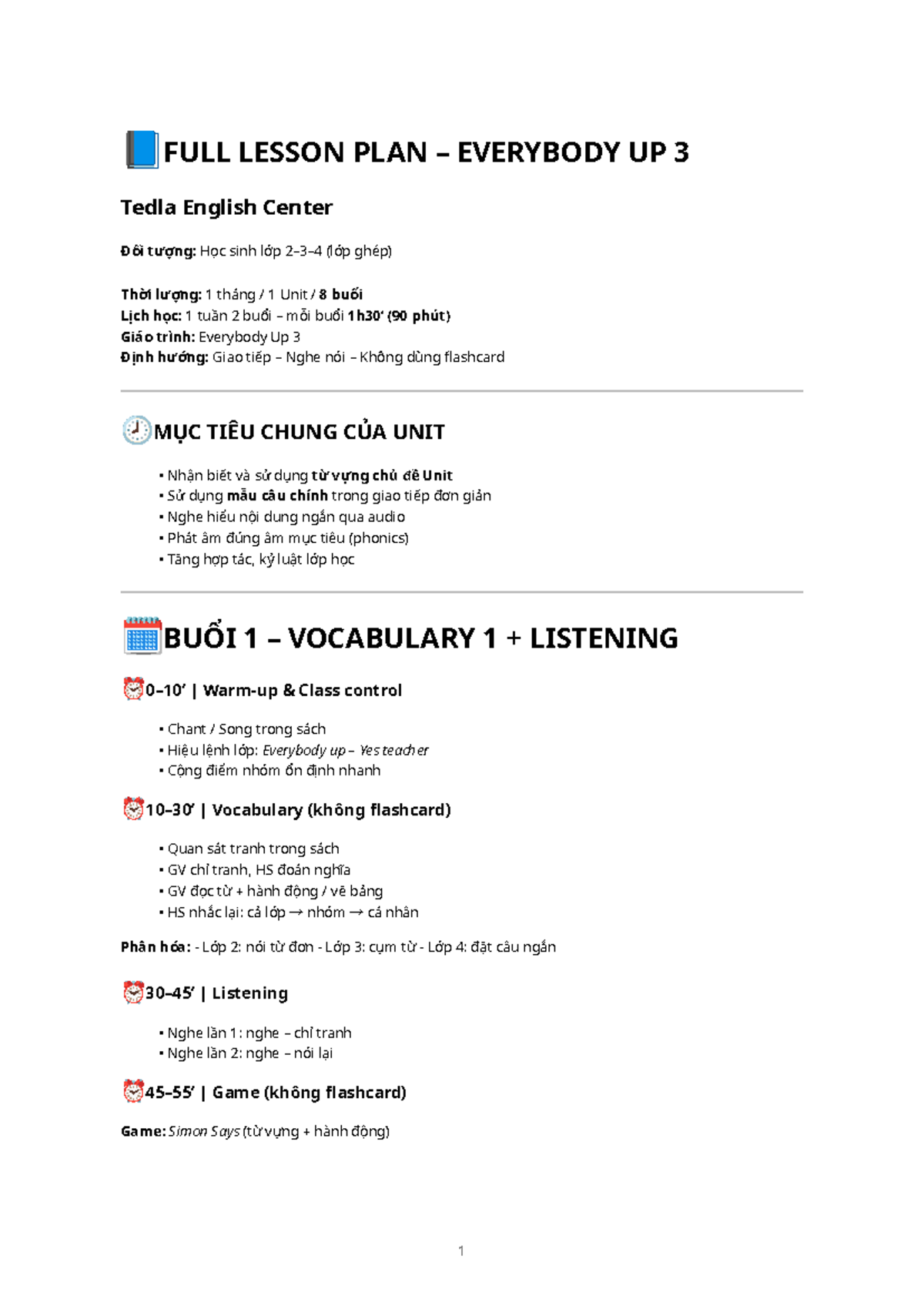 Full Lesson Plan for Everybody Up 3 (Tedla English Center) - Studocu