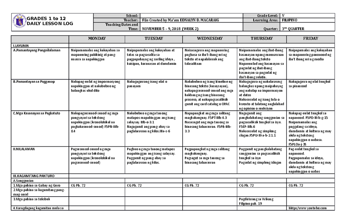 DLL Q3 W2 Filipino 5 – Lesson Plans & Activities - Studocu