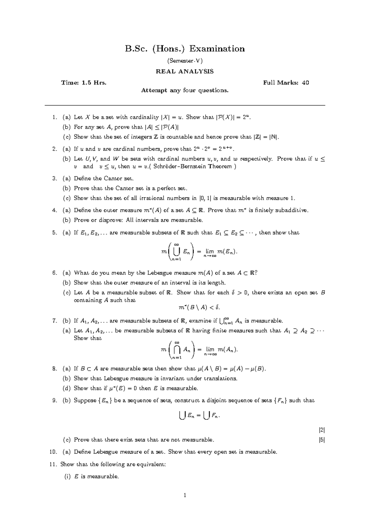 B.Sc. (Hons.) Final Exam REAL ANALYSIS - Topology PYQ Notes - Studocu