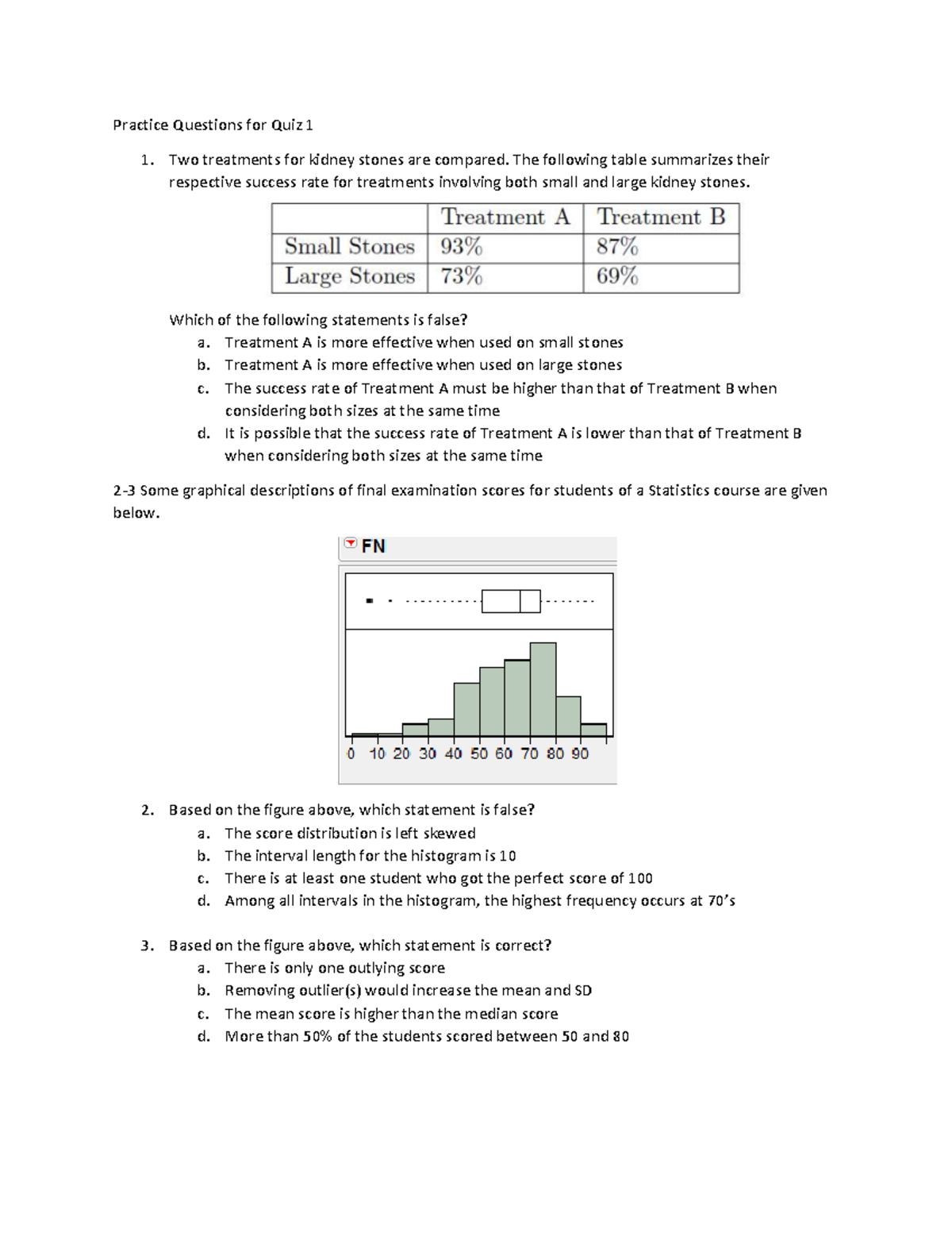 Practice Questions for Quiz 1 - Statistics Course - Studocu