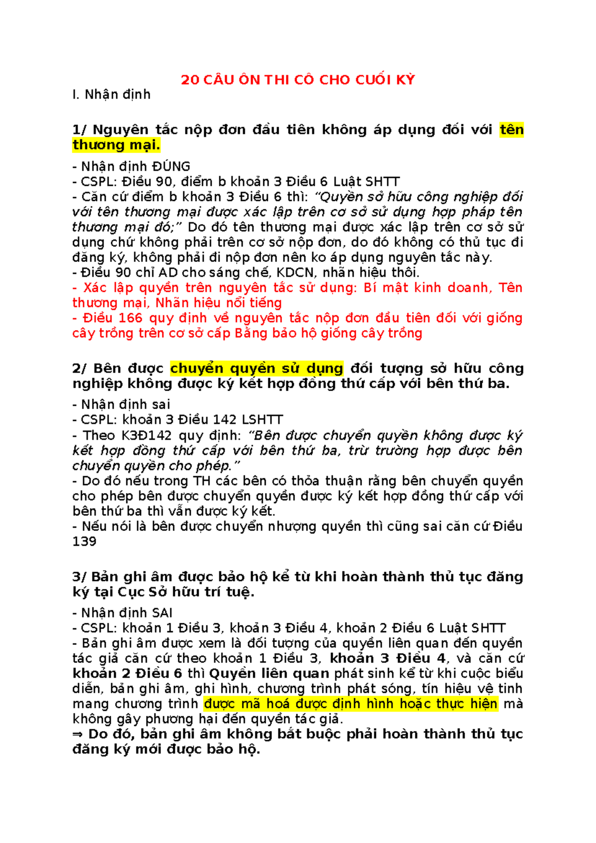 20 CÂU ÔN THI CUỐI KỲ VỀ QUYỀN SỞ HỮU TRÍ TUỆ - Document Preview