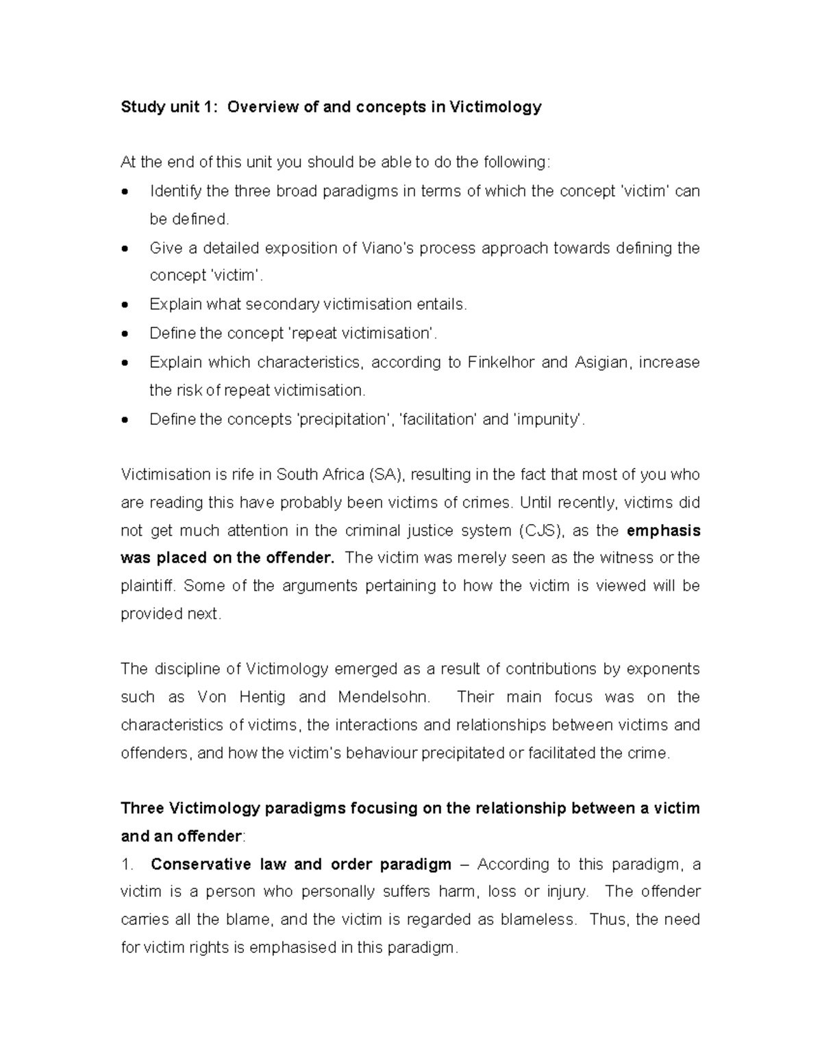 Victimology Study Unit 1: Key Concepts and Paradigms Overview - Studocu
