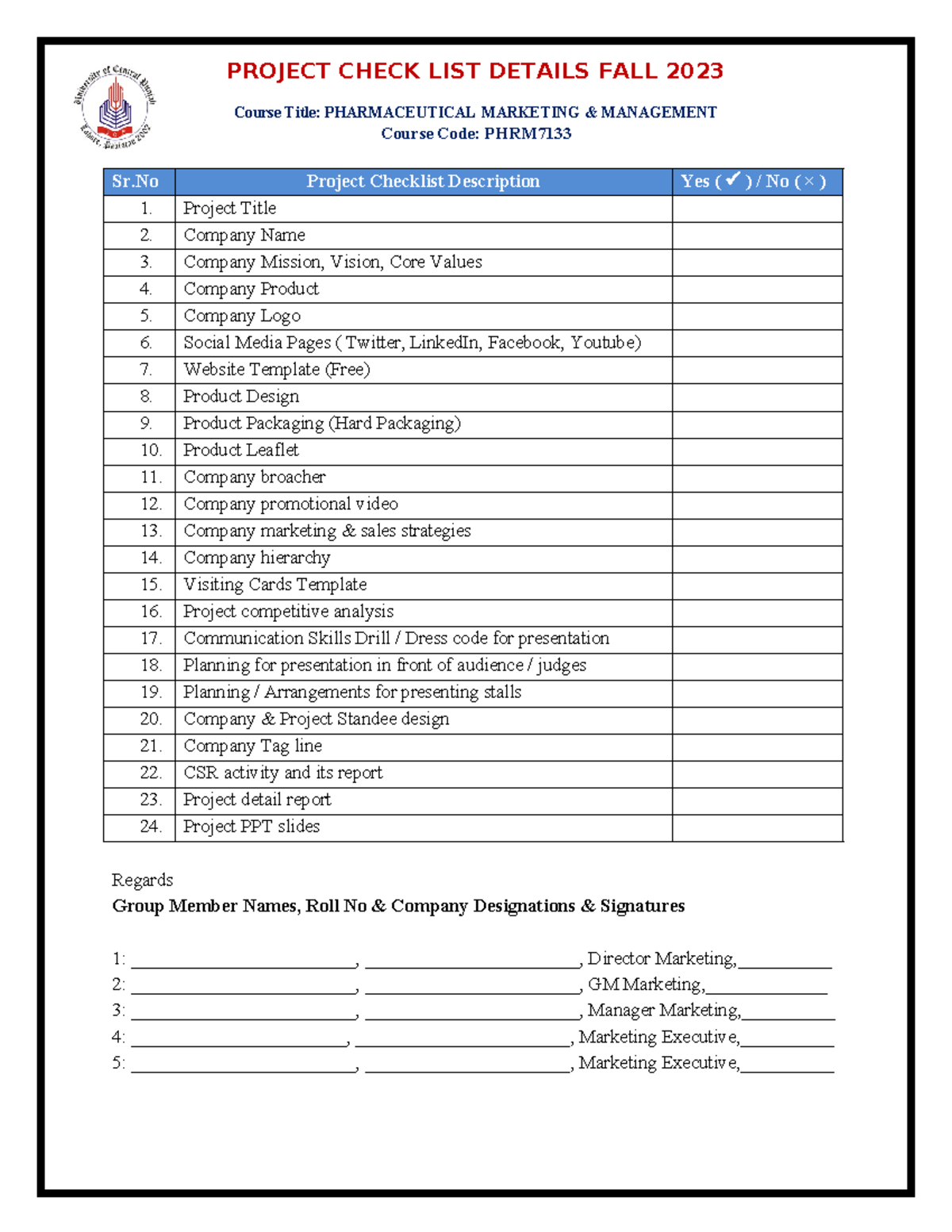 PHRM 2023 Project Checklist for Pharmaceutical Marketing & Management ...