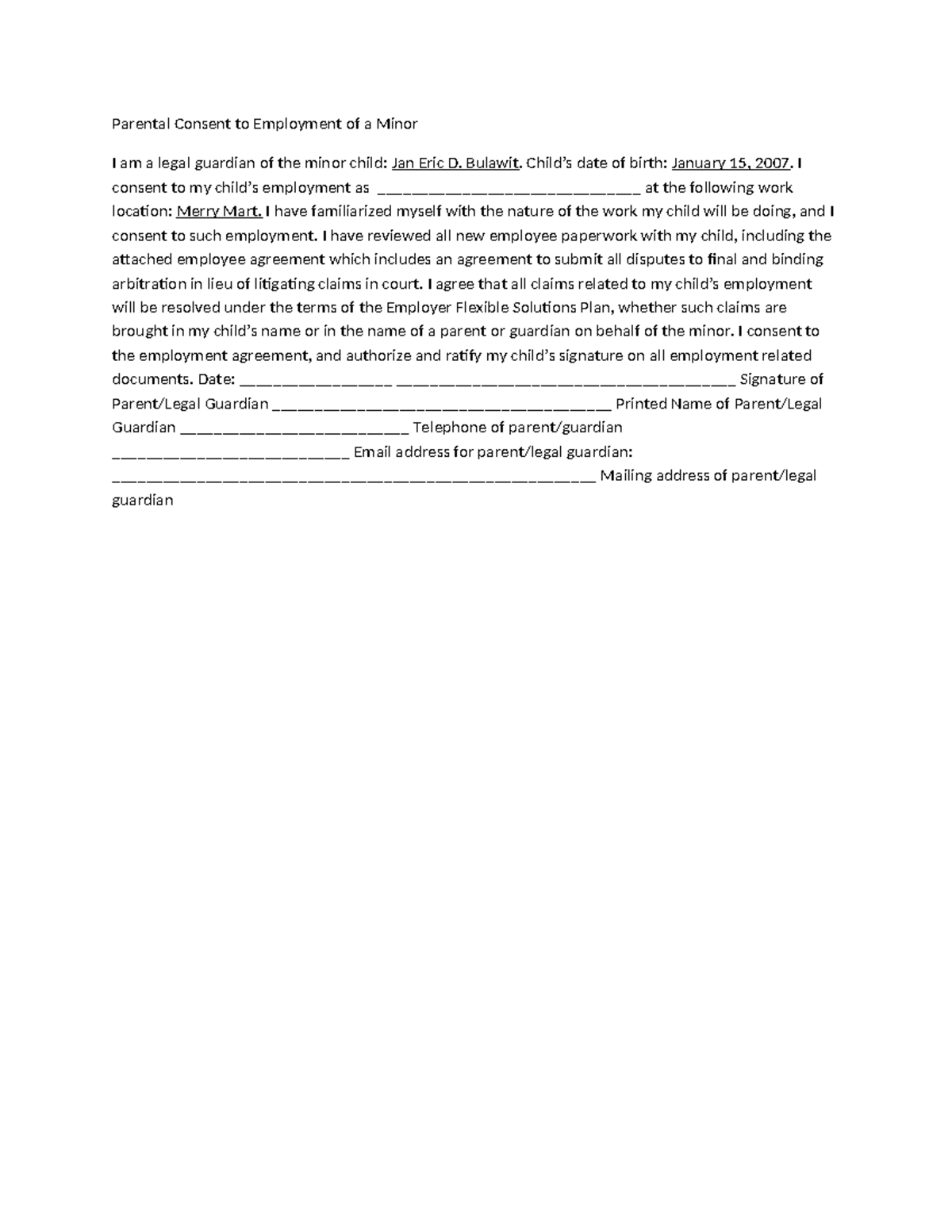 Parental Consent Form for Employment of Minor (Jan Eric D. Bulawit ...