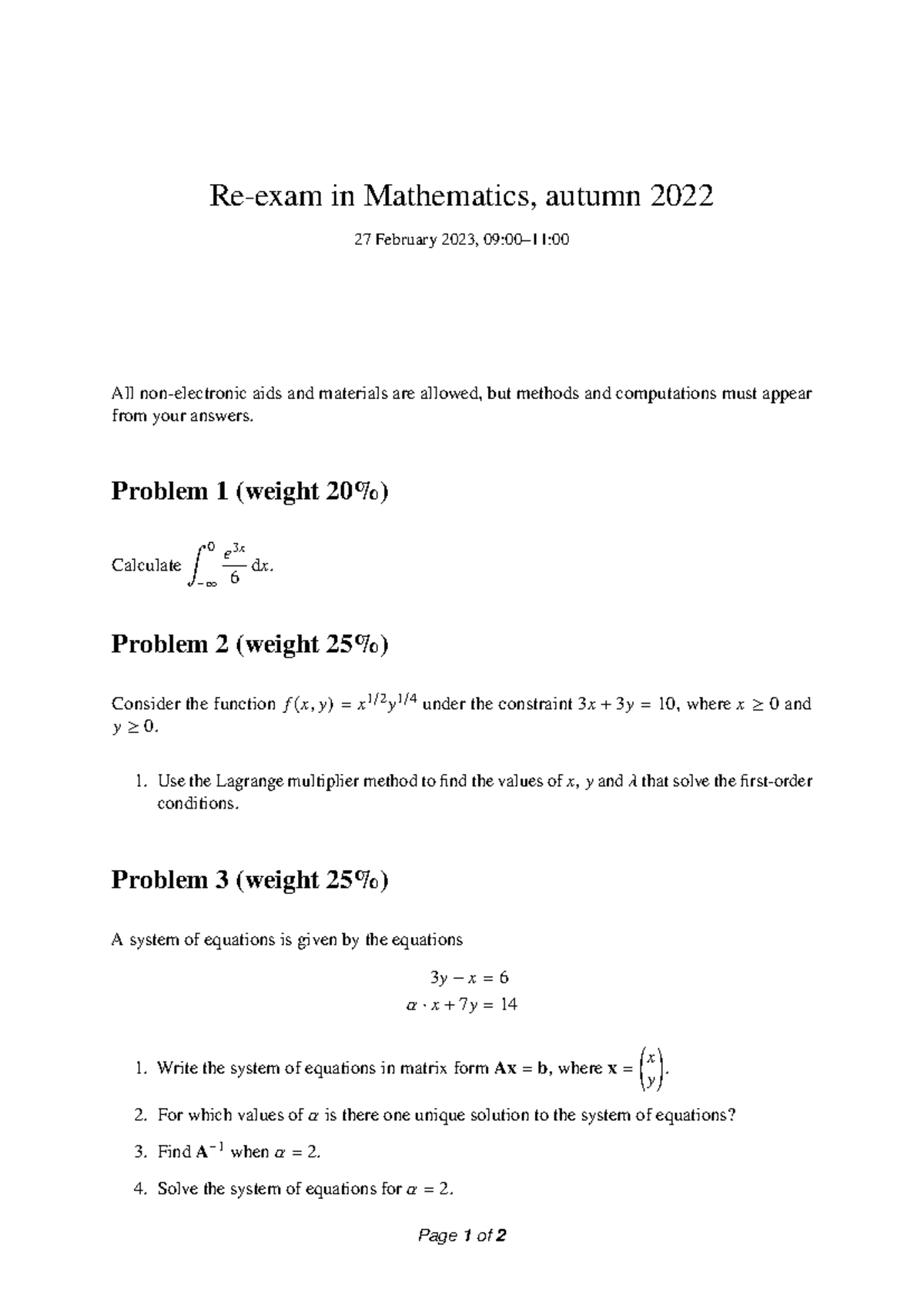 Mathematics Midterm Exam Problems (MATH 2022-2023) - Studocu