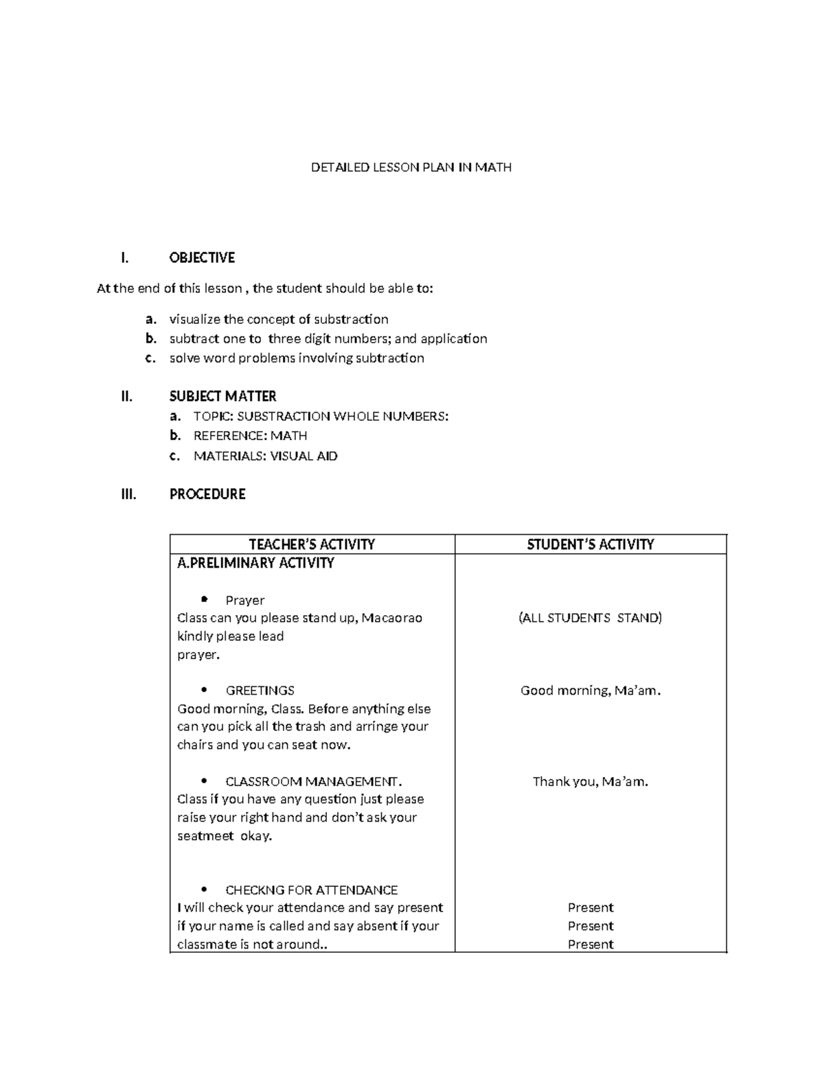 Detailed Lesson Plan in Math I: Understanding Subtraction - Studocu