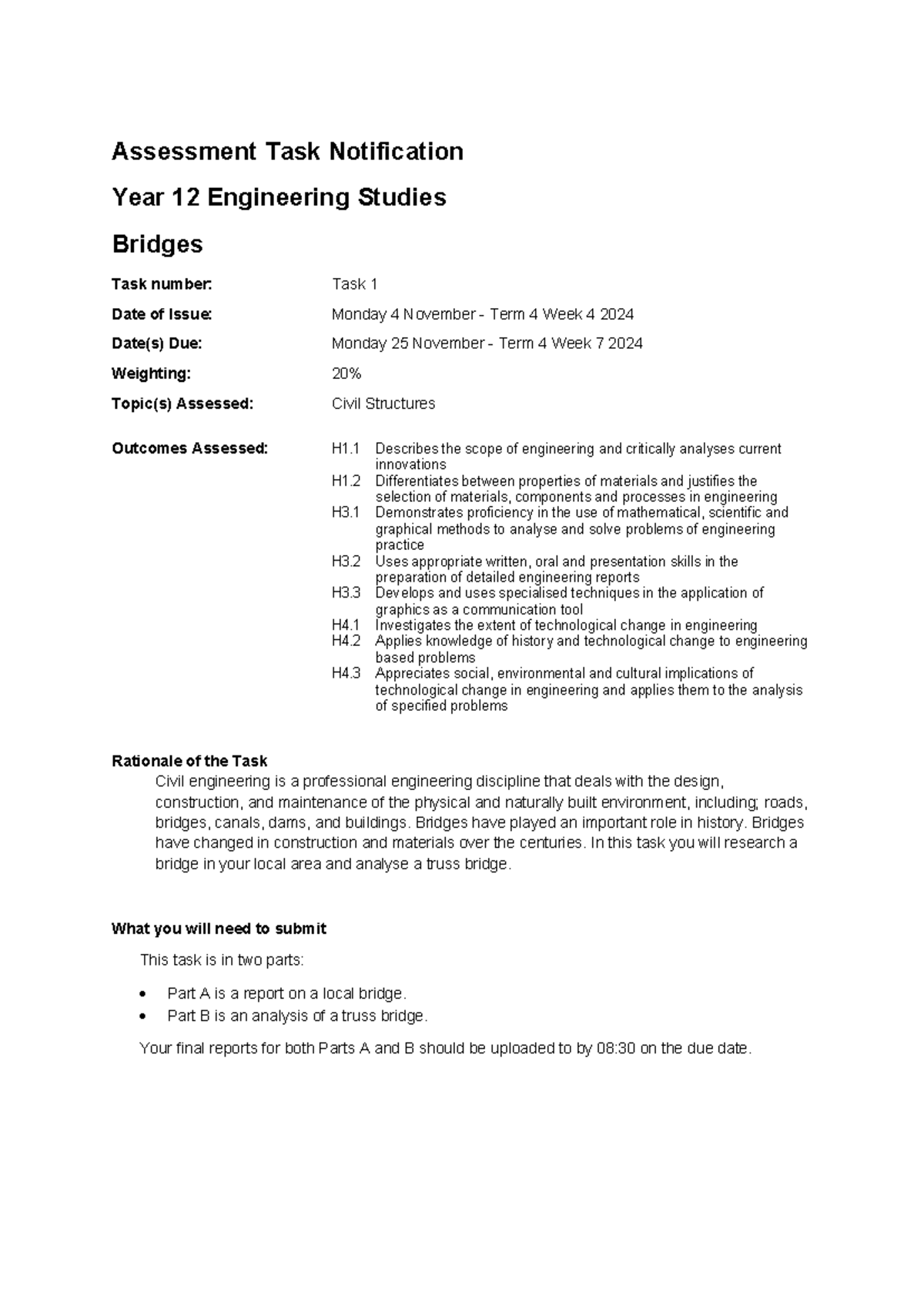 Yr 12 Engineering Studies: Bridges Task Report 2024-25 - Studocu