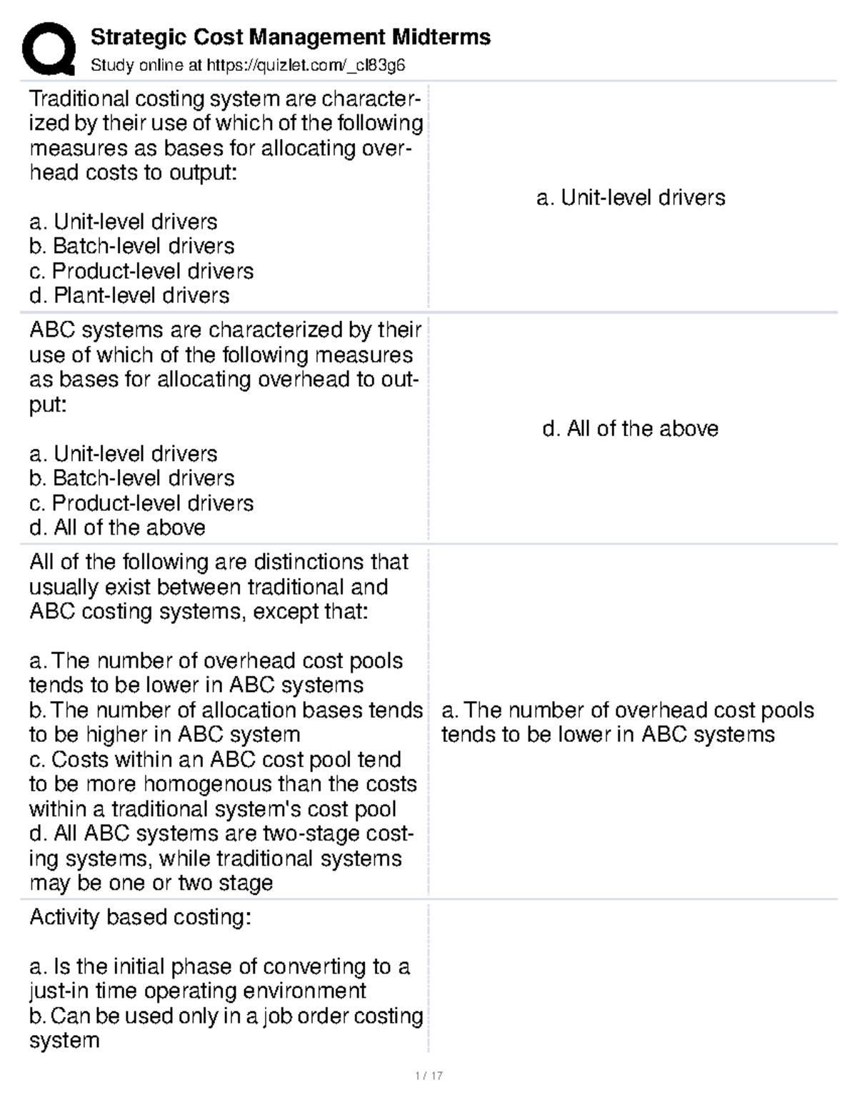 SCM Midterm Study Guide - Traditional vs. ABC Costing Systems - Studocu
