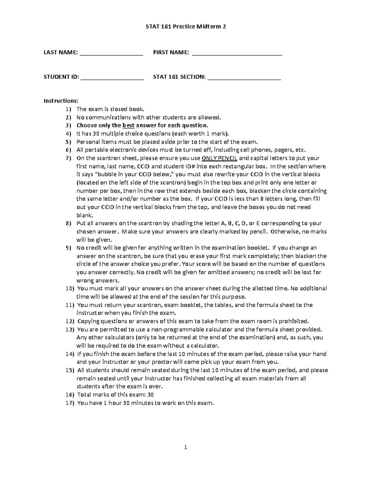 STAT 161 Practice Midterm 2 Guidelines and Sample Questions - Studocu