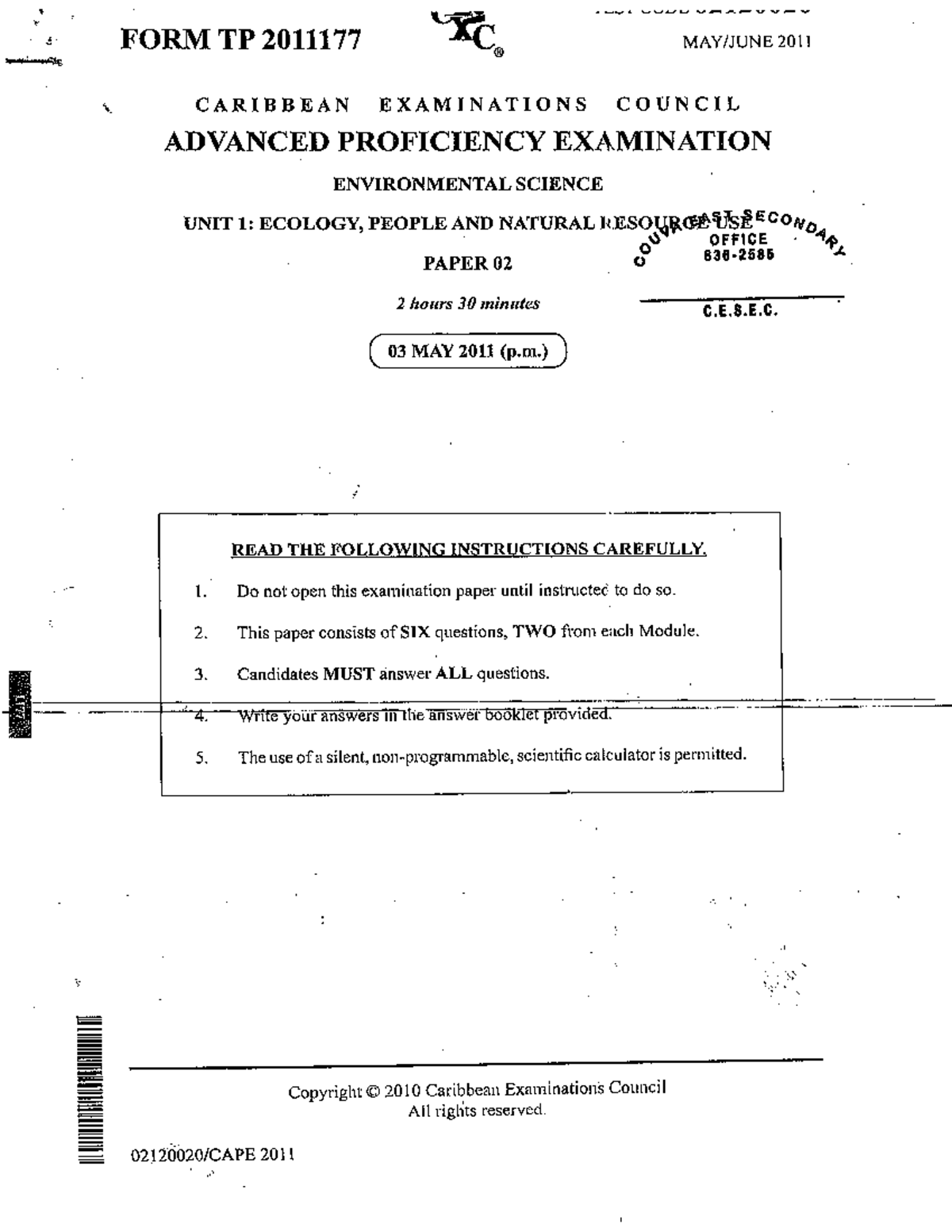Environmental Science CAPE 2011 Unit 1 Paper 02 Exam - Studocu