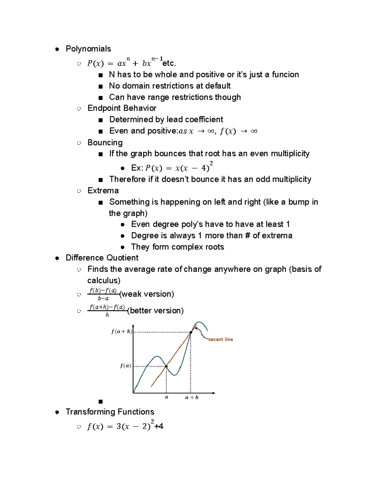 MATH 1050 FULL Notes - Polynomials 𝑃(𝑥) = 𝑎𝑥𝑛+ 𝑏𝑥𝑛−1etc. N has to be ...