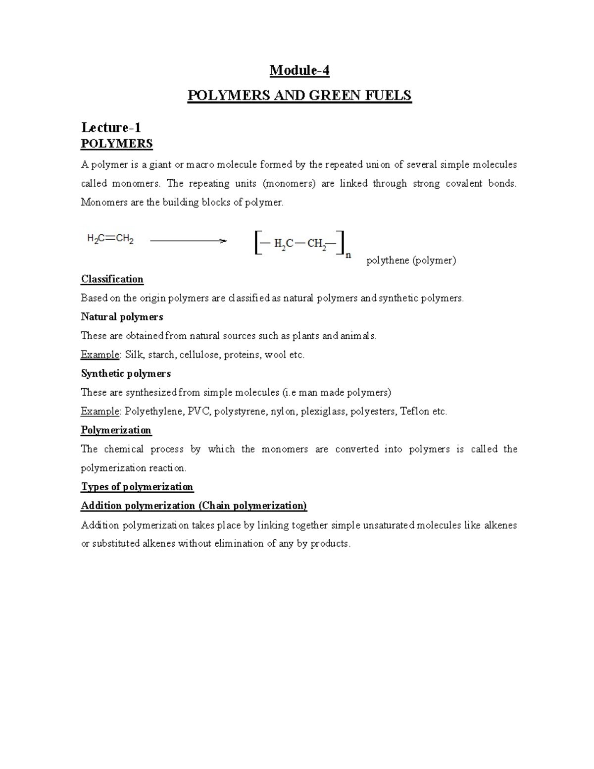Module-4 Chemistry Notes: Polymers and Green Fuels Overview - Studocu