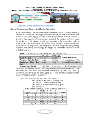 Quantitative MGMT Model EXAM - DEPARTMENT OF MANAGEMENT MODEL EXAM ON ...