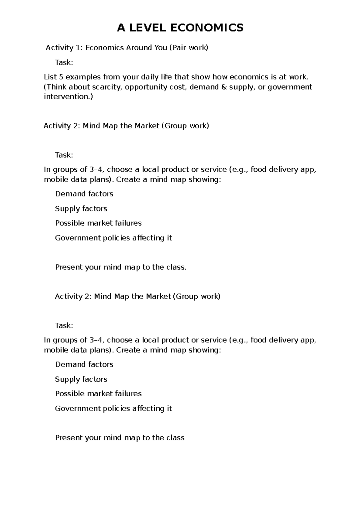A LEVEL ECONOMICS Activities: Daily Life Examples & Market Mind Maps ...