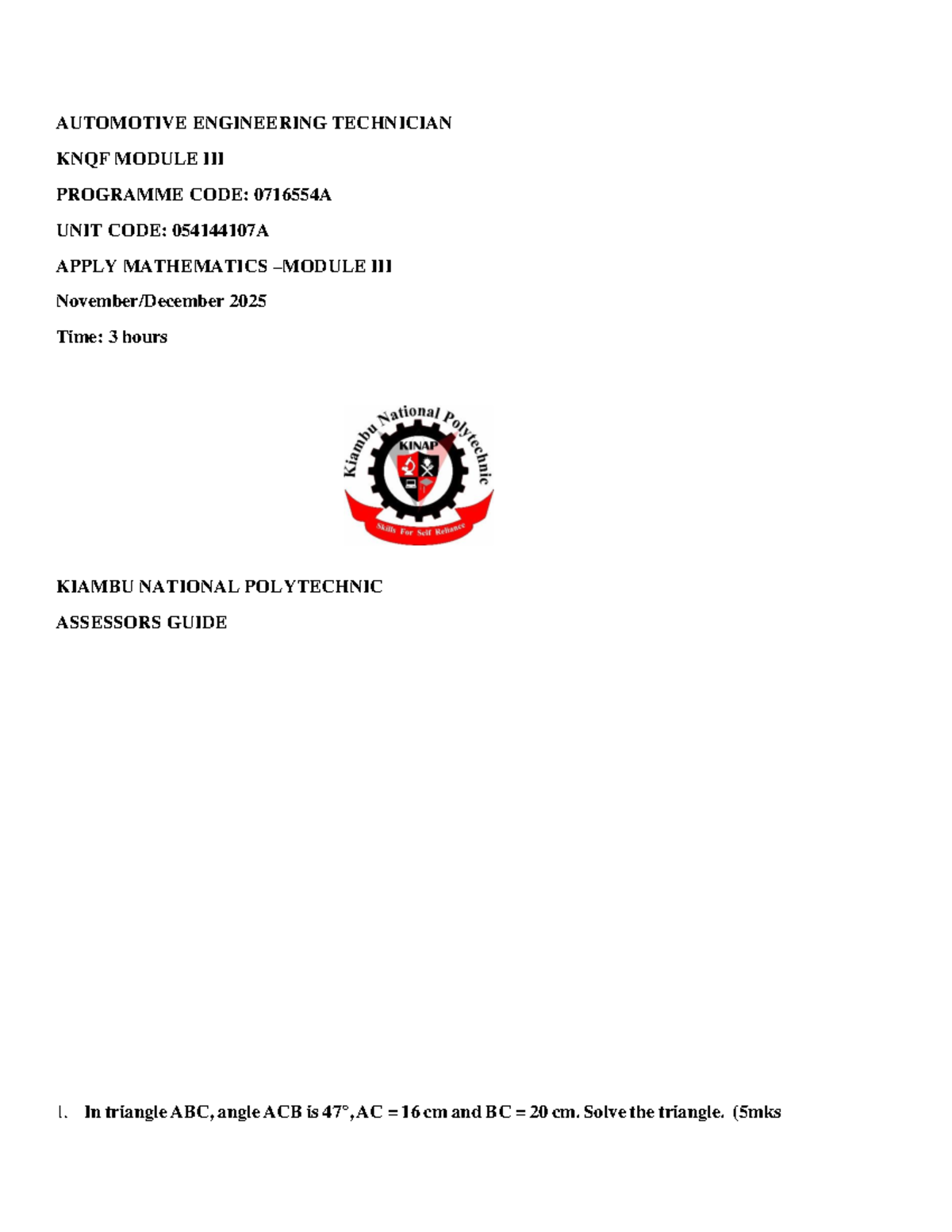 Automotive Engineering Technician KNQF 0716554A Math Application Guide ...
