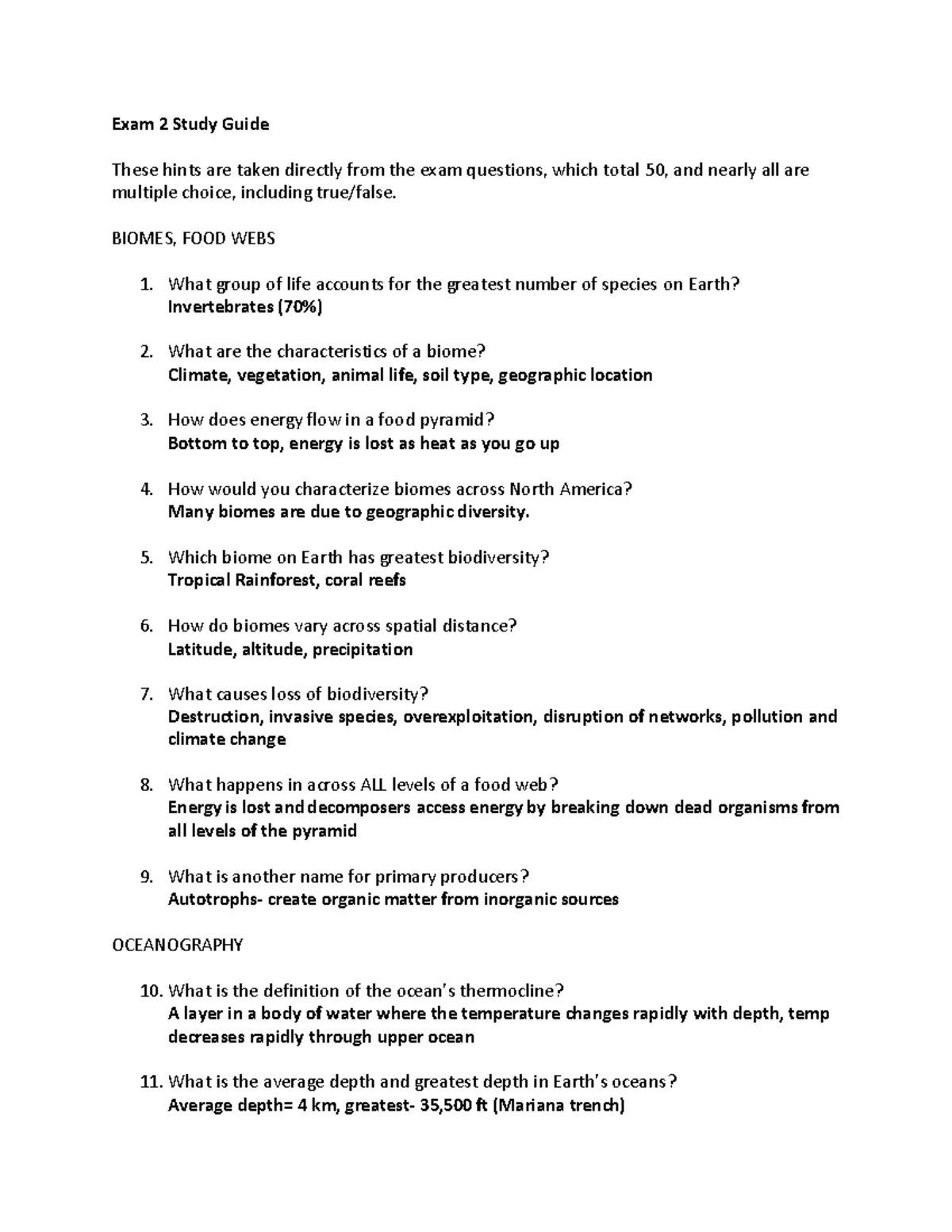 Exam 2 Study Guide: Biomes, Food Webs, Oceanography, and Plate ...