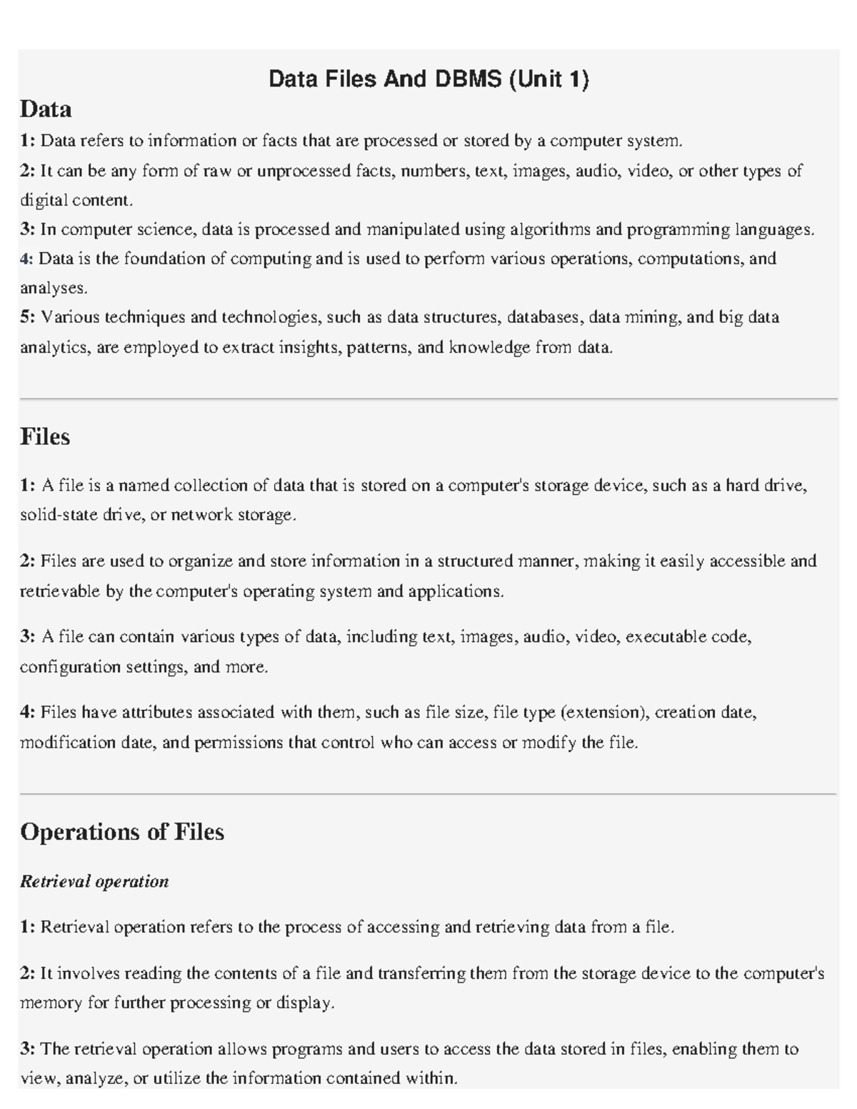 DBMS - Dbms notes - Data Files And DBMS (Unit 1) Data 1: Data refers to ...