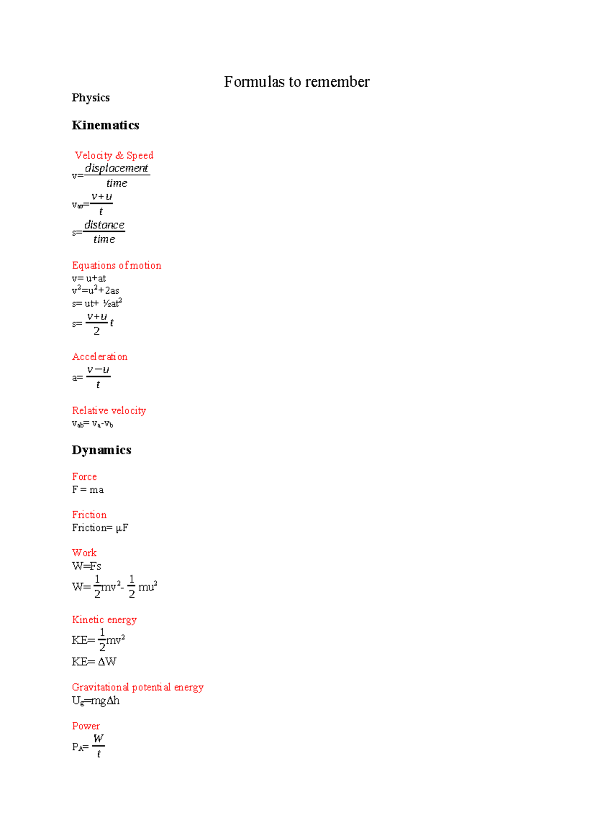 Physics Kinematics & Dynamics Formulas: Velocity, Acceleration, Energy ...
