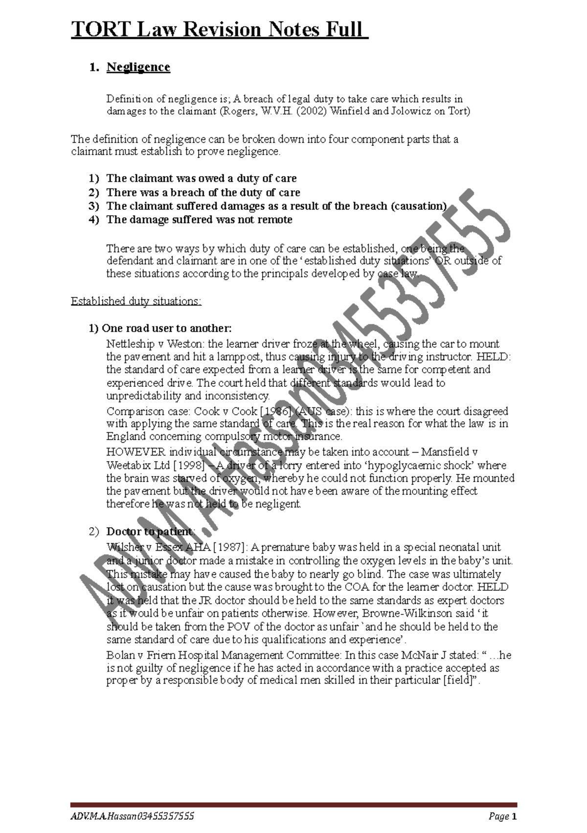 Tort-law-Revision-Summary for final exams - TORT Law Revision Notes ...