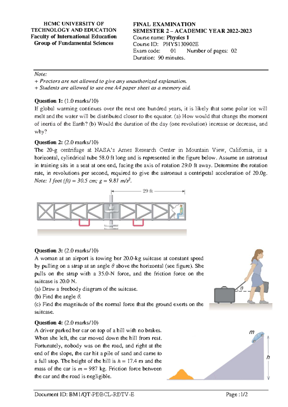 FINAL EXAM PHYS130902E: Physics 1 Semester 2 2022-2023 - Studocu