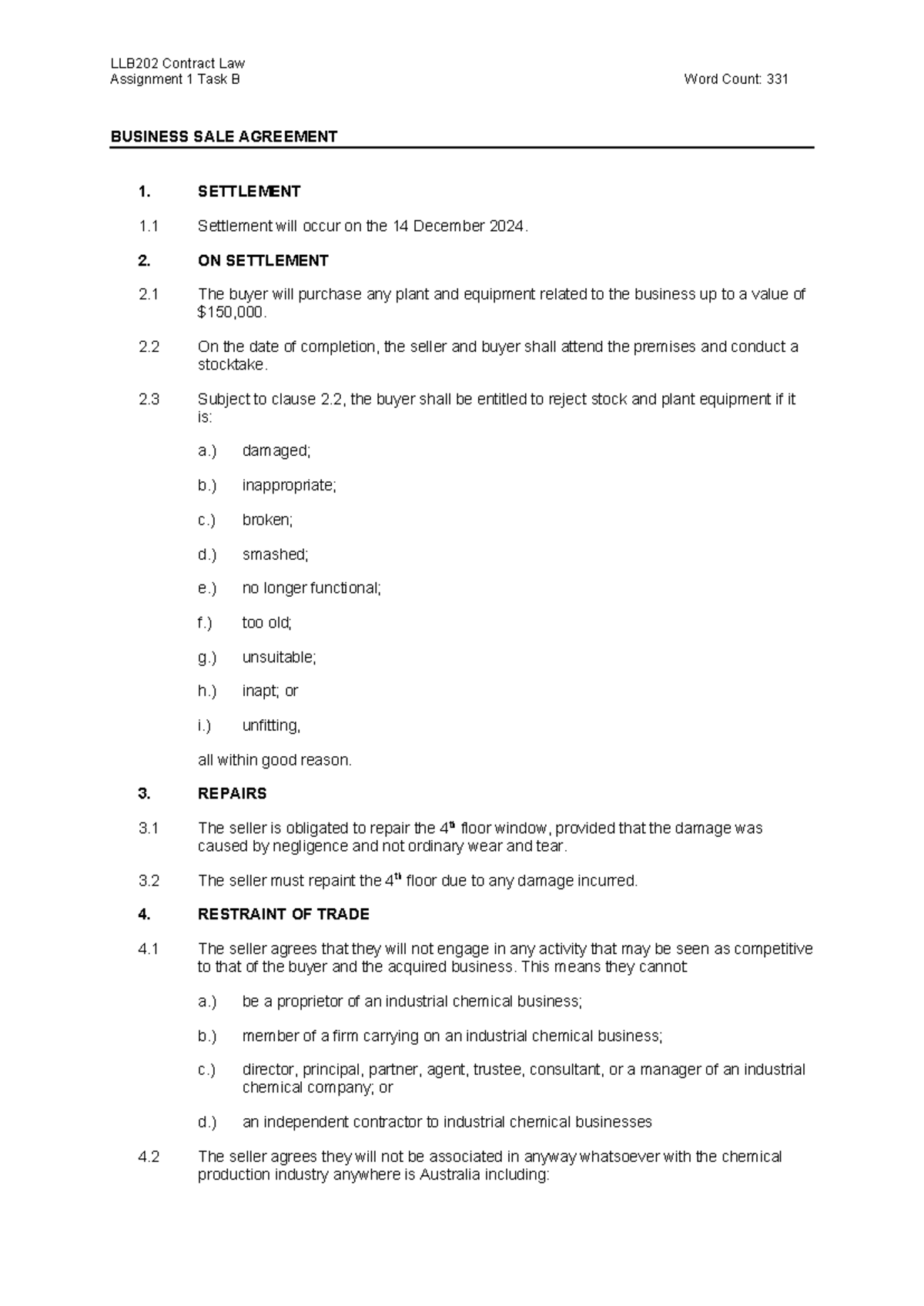 LLB202 Task B Final Assignment: Business Sale Agreement Overview - Studocu
