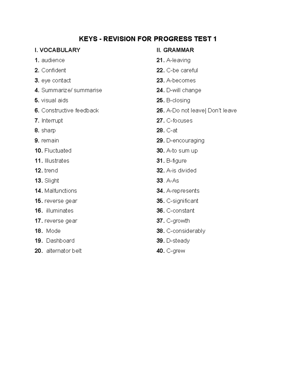 KEYS- Revision 1 - ôn tập giữa kỳ - KEYS - REVISION FOR PROGRESS TEST 1 ...