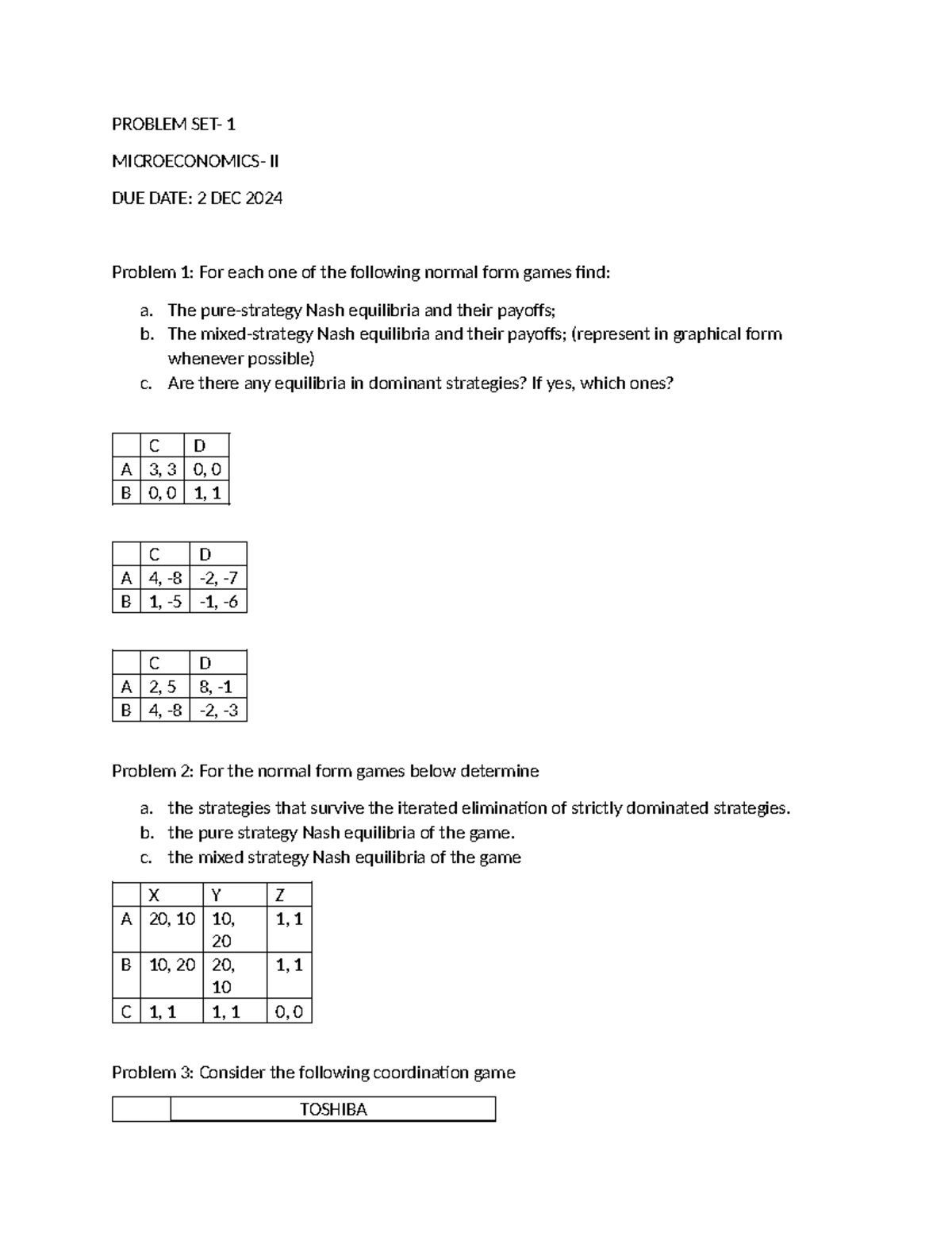 Problem Set 1: Microeconomics-II Analysis and Nash Equilibria Solutions ...