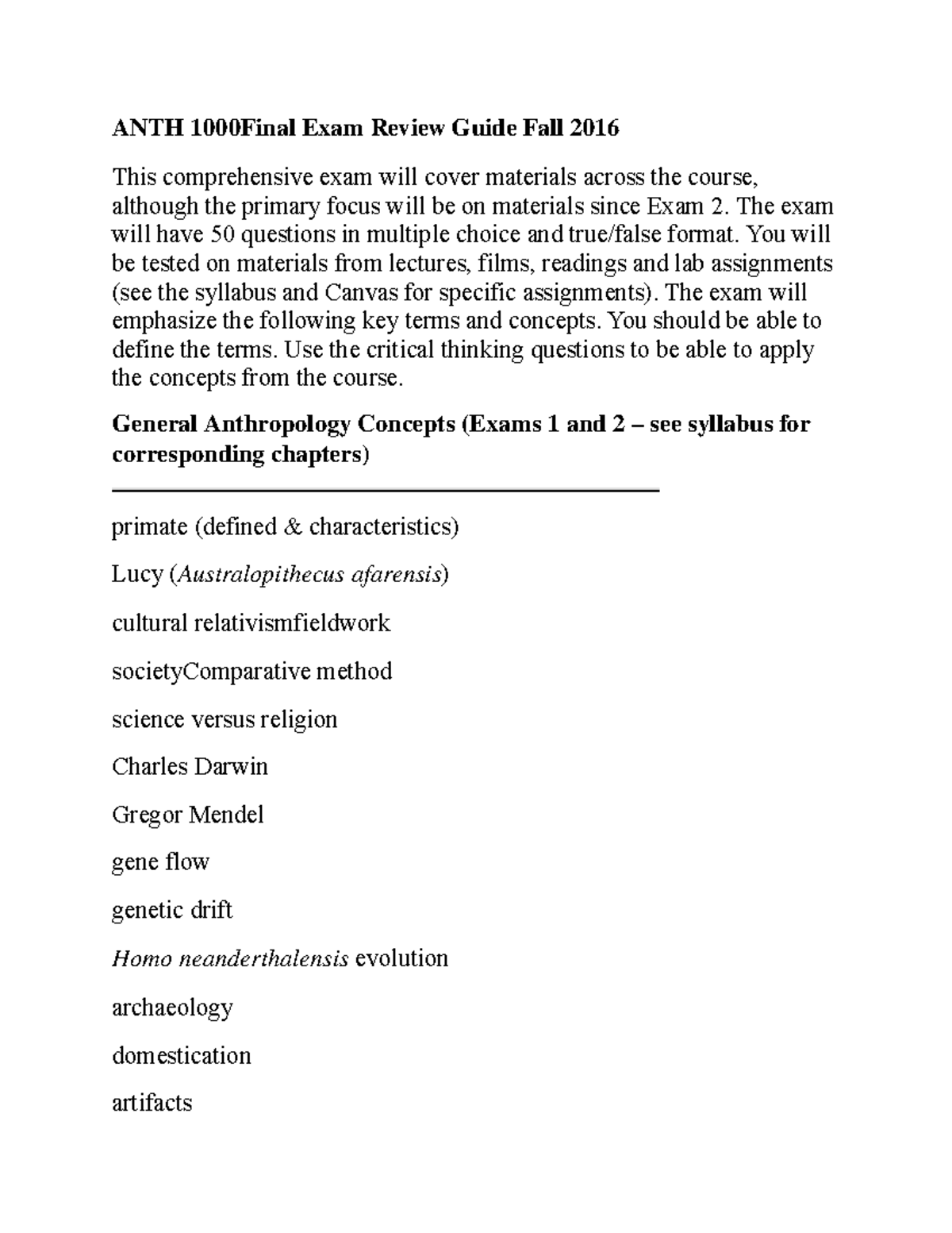 ANTH 1000 Final Exam Review Guide: Key Concepts & Critical Thinking ...