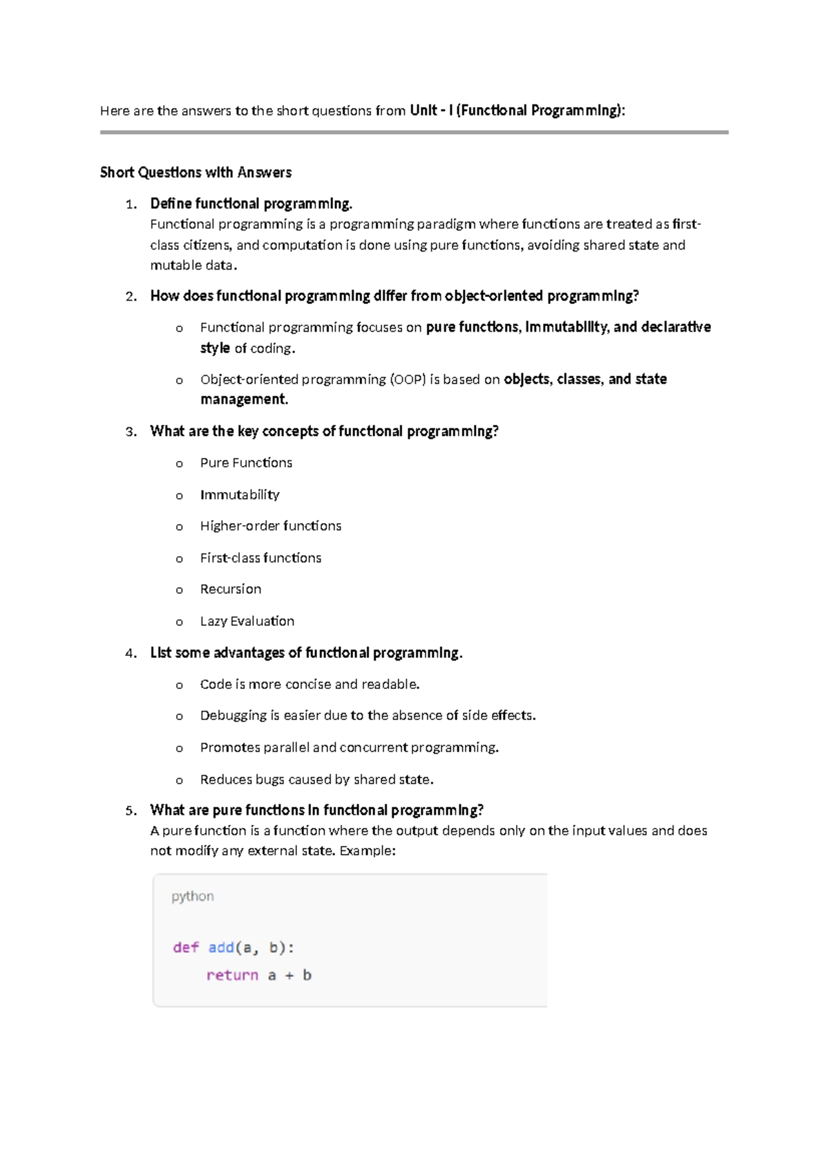 FP UNIT 1 Short Answers - Functional Programming Concepts Explained ...