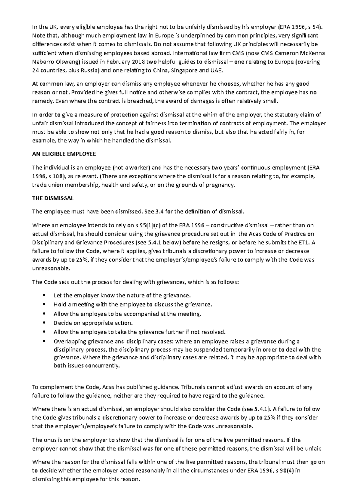 UK Employment Law: Notes on Unfair Dismissal and Best Practices - Studocu