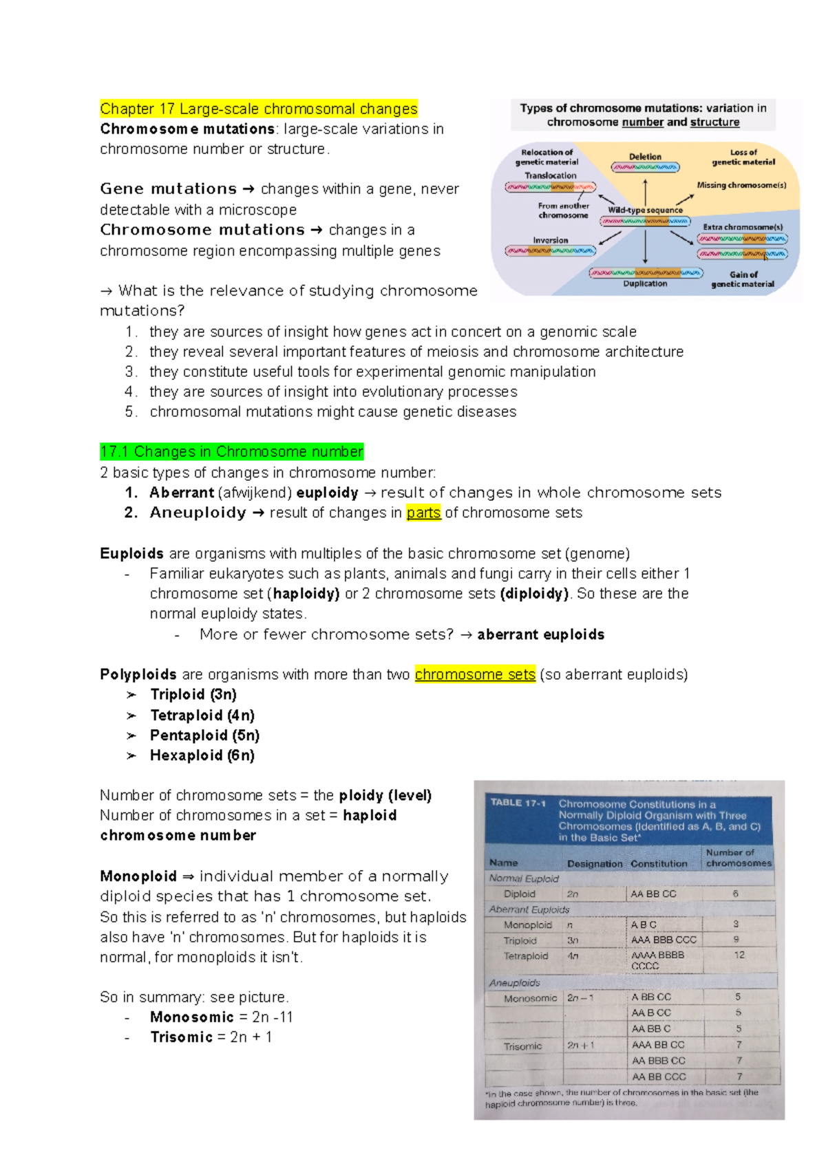 Genetics Chapter 17 & 18: Chromosomal Changes and Mutations - Studeersnel