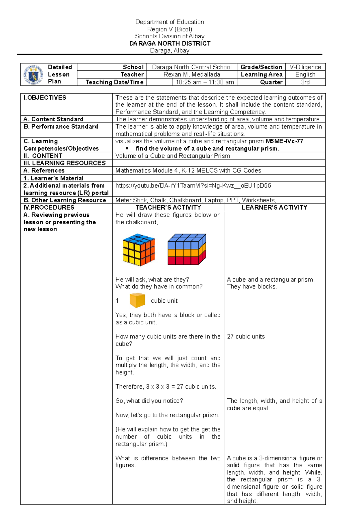 DLP MATH - Lesson Plan in Mathematics 5 - Detailed Lesson Plan School ...