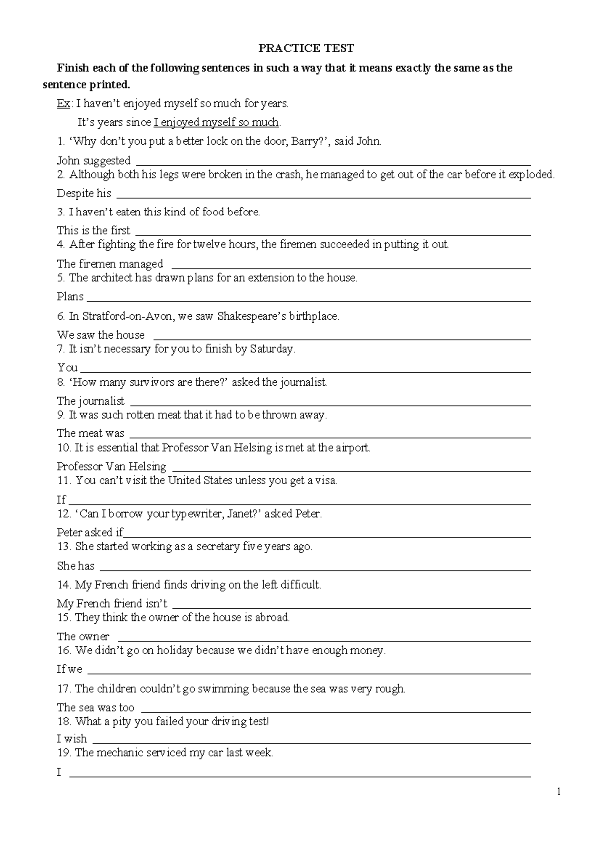 PRACTICE TEST: Sentence Transformation Exercises for English - Studocu
