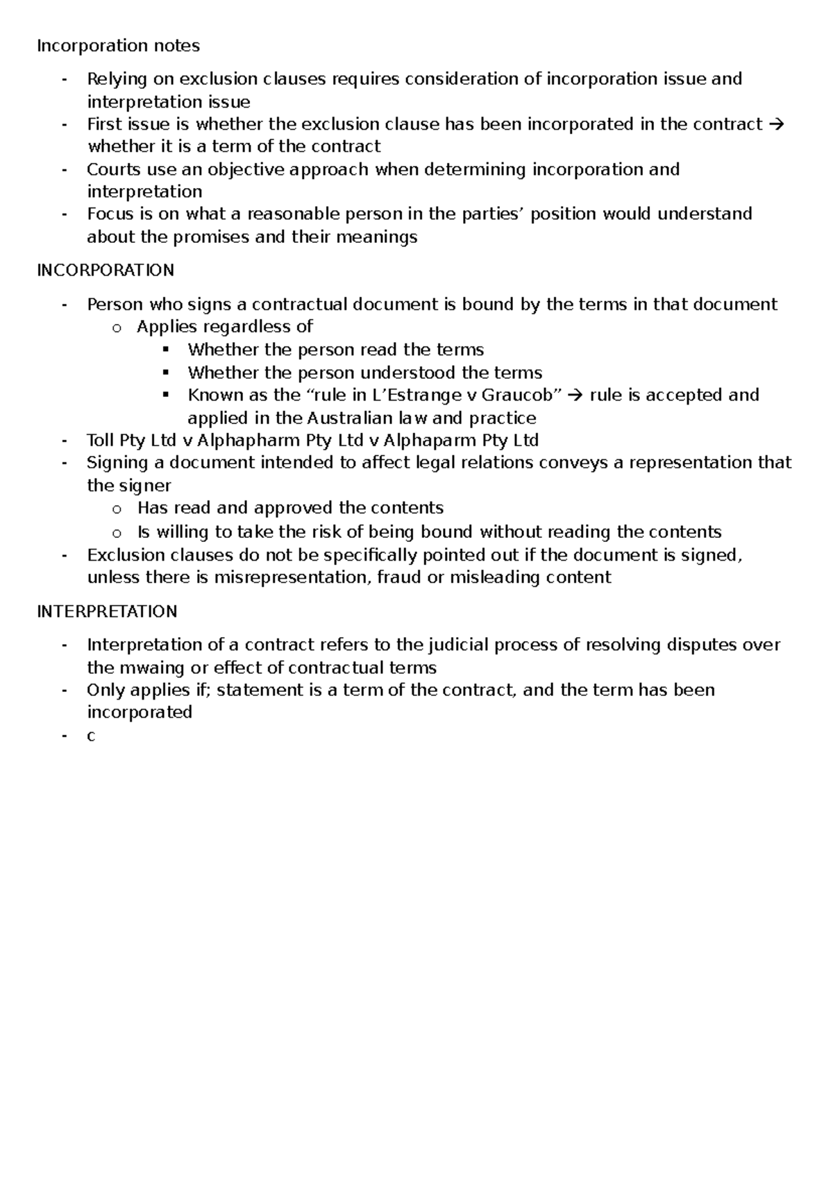 Incorporation Notes: Exclusion Clauses & Contract Interpretation - Studocu