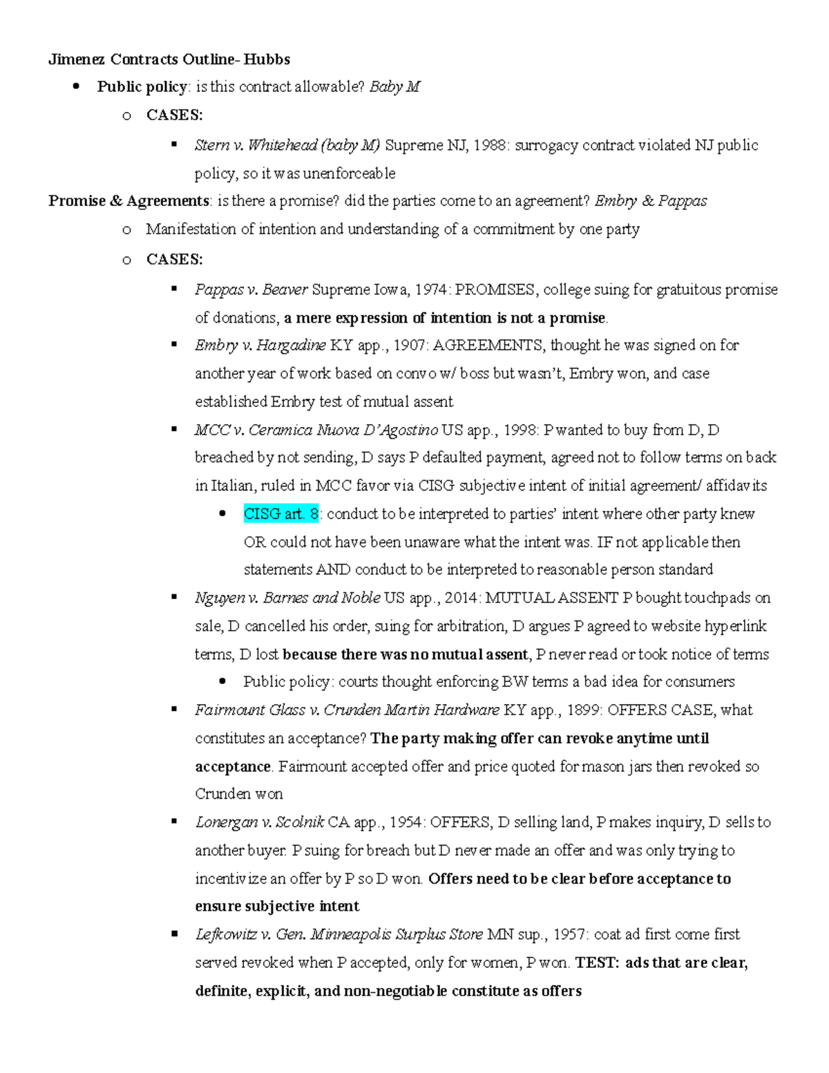 Contracts Outline - Class Notes for LAW 302: Key Concepts and Cases ...